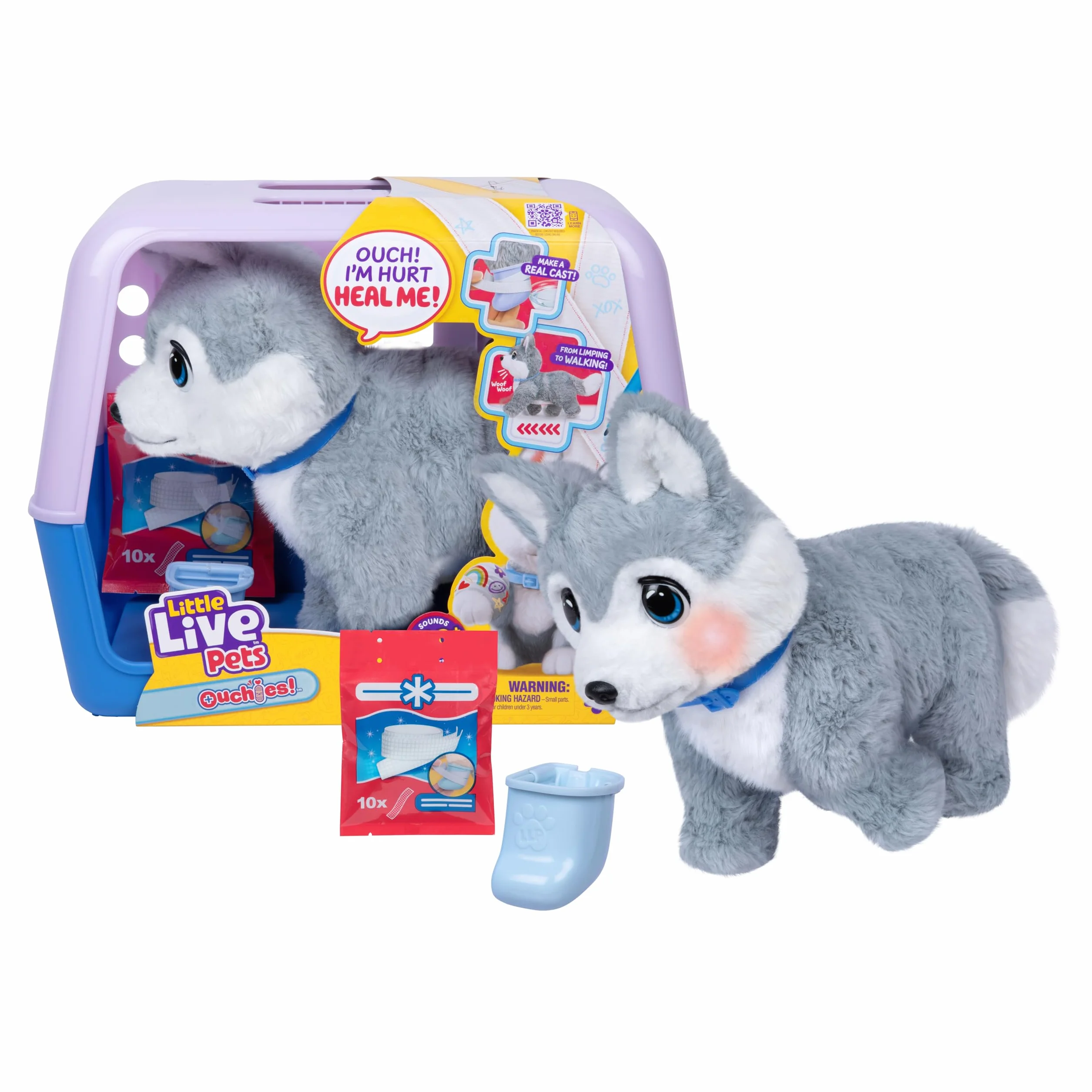 Little Live Pets Ouchies Aspen – Exclusivo Cachorro Husky Interactivo con más de 50 Sonidos y reacciones, Incluye Set de Veterinario y Bolsa de Transporte, a Partir de 4 años