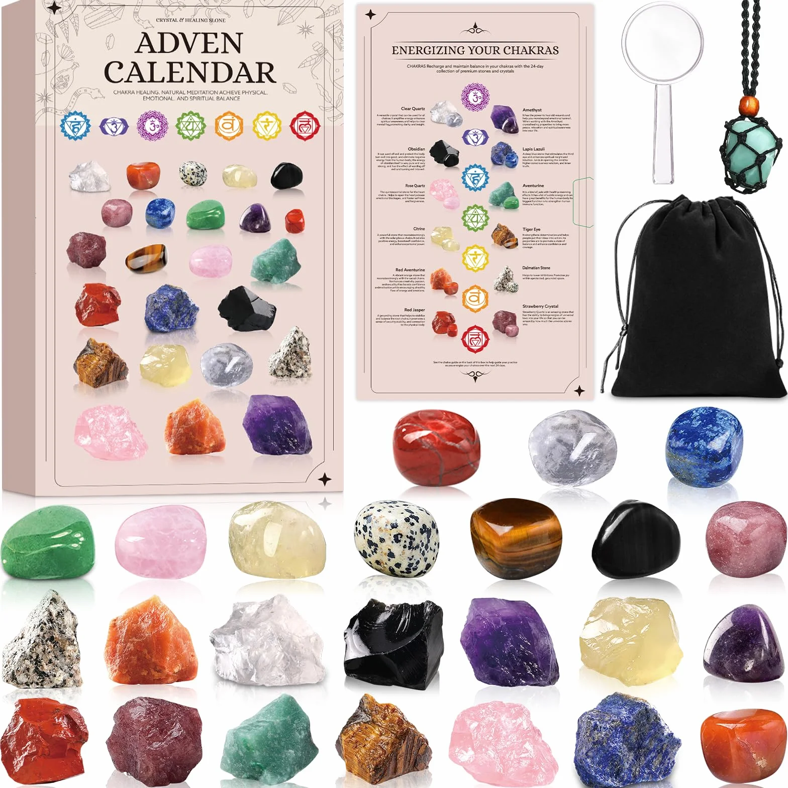 Calendario de Adviento de piedras preciosas, cristales, calendario de Adviento 2025 para niños, calendario de Navidad, cuenta regresiva con 24 cristales de chakra (A)