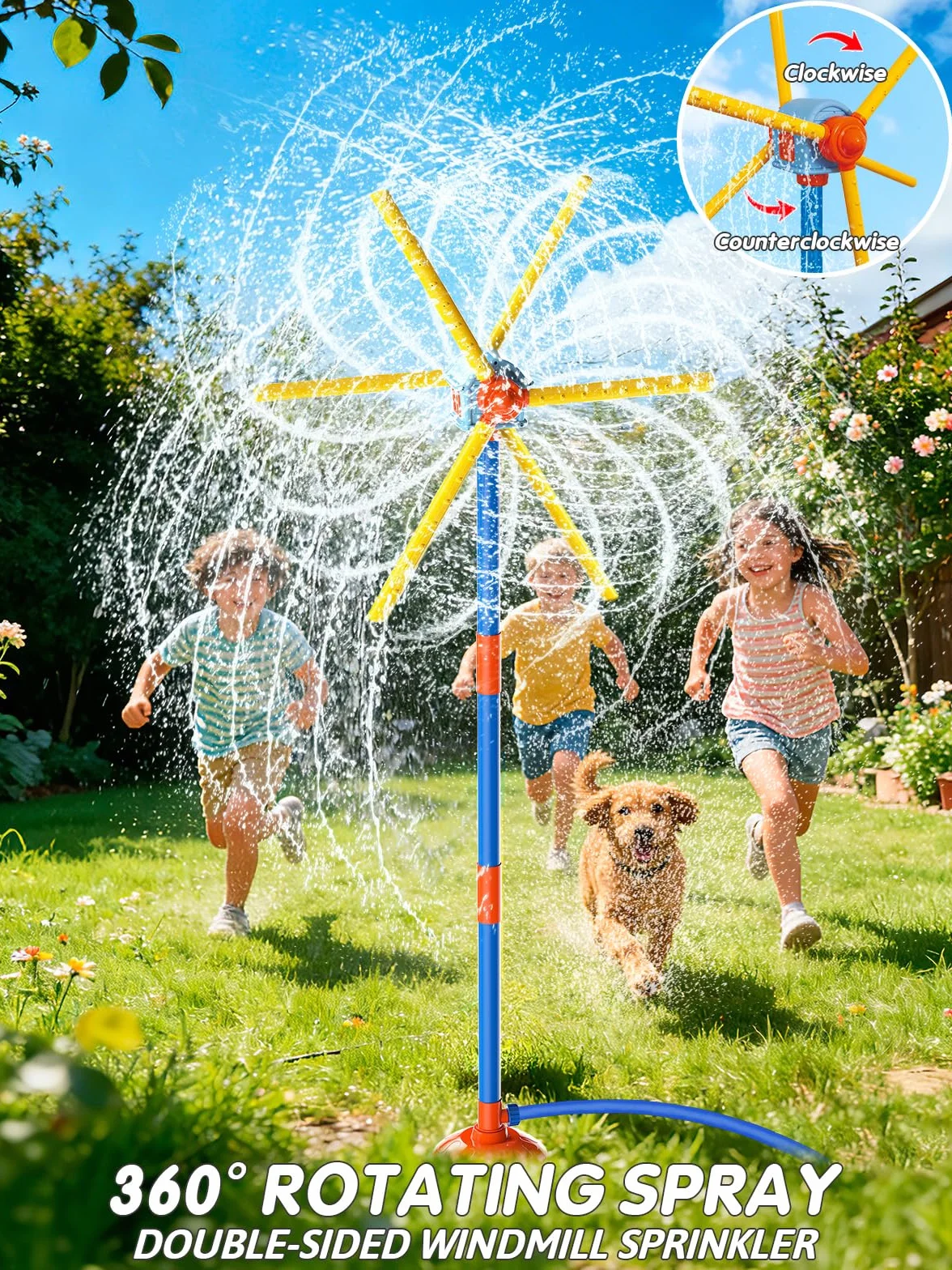 VATOS Aspersor de Molino 59 Pulgadas, Juguete de Exterior para Niños – Doble Cara con 6 Aspas & 54 Boquillas, Giro 360° – Juego de Agua para Niños, Mascotas y Riego del Césped