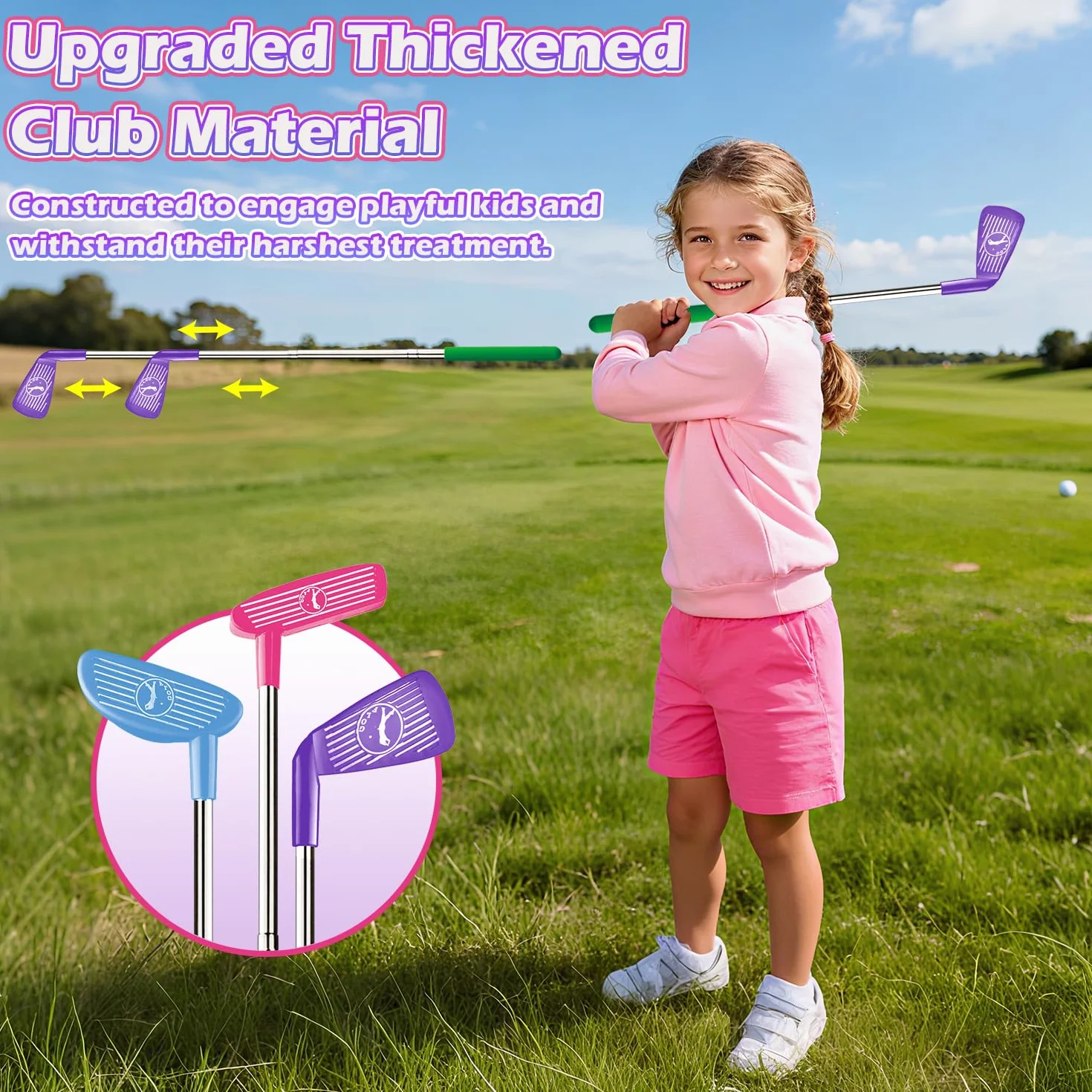 Set de Golf para Niños Devolvedor Automático de Bolas Dinosaurio, Pelotas de Golf Luminosas con LED, 3 Palos, Juegos de Golf para Niñas de 3 a 8 Años, Juguetes Deportivos Interior Exterior (Rosa)