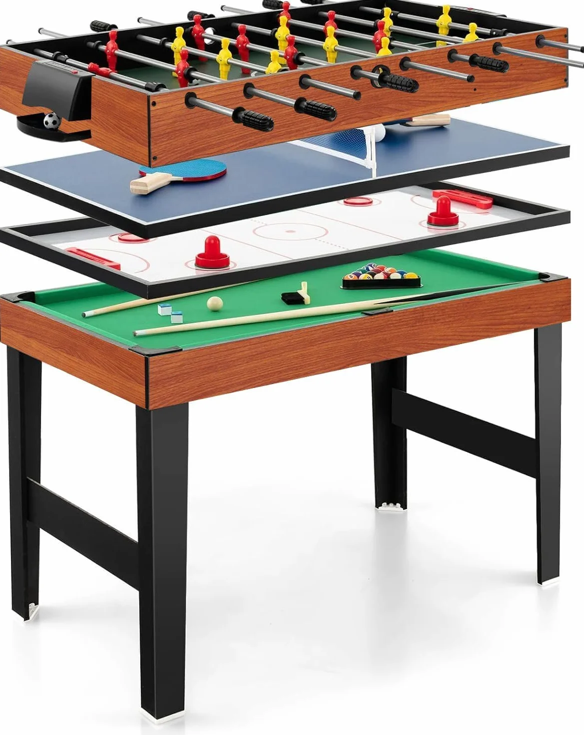 COSTWAY Futbolin, Billar, Hockey, Mesa de Tenis, 4 en 1 Mesa de Multijuegos con Patas y Accesorios, Futbolines para Niños y Adultos para Sala de Juegos, Bares, 125 x 97 x 83 cm