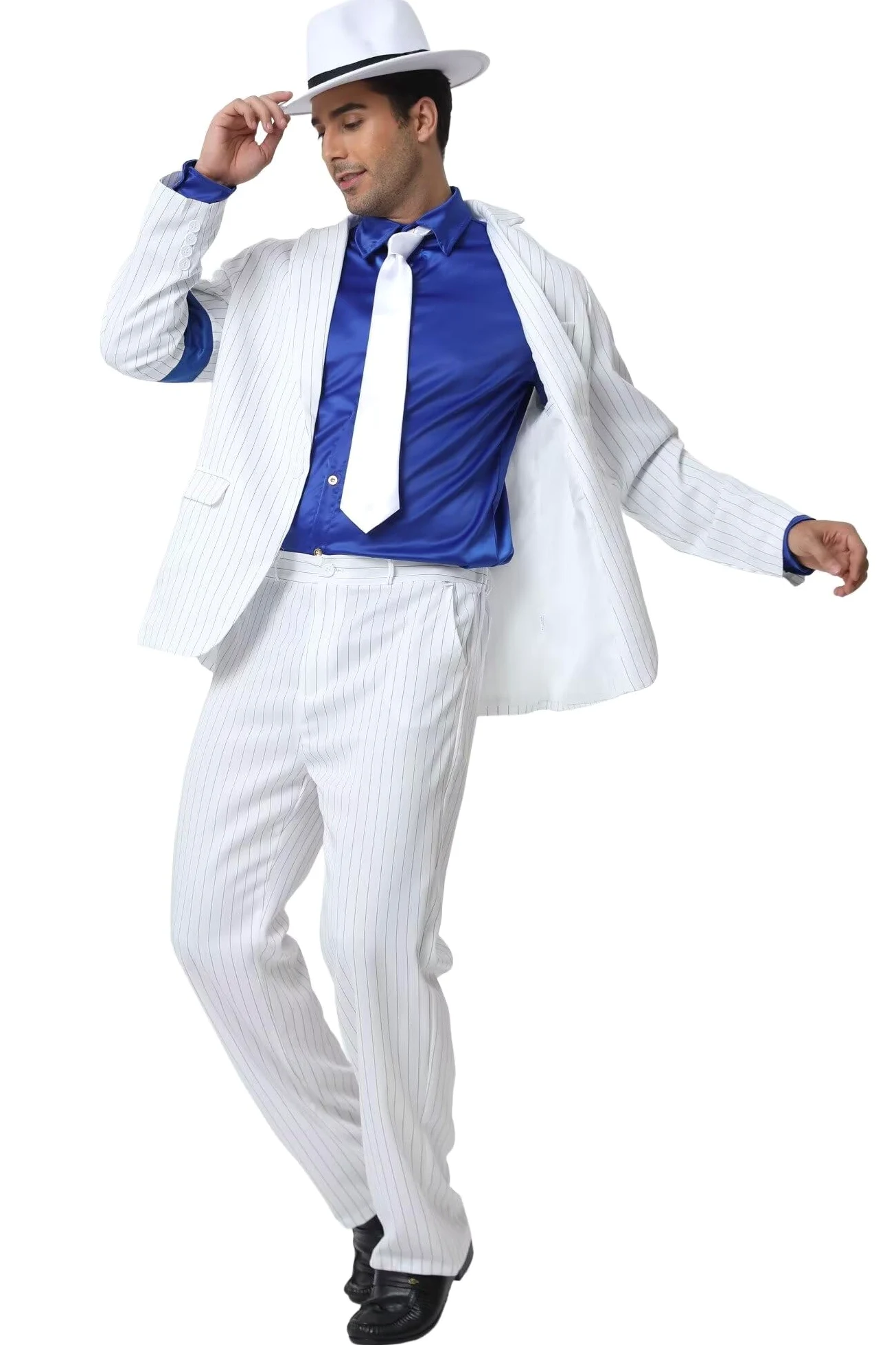 Niños Adulto Disfraz Jacket Chaqueta+Pantalones+Shirt+Sombrero+Tie Ropa Costume Stripes Smooth Y Criminal Halloween Navidad Cosplay Fiestas Retro Hombre Trajes(Blanco,H:130-140CM,W:27-34KG)