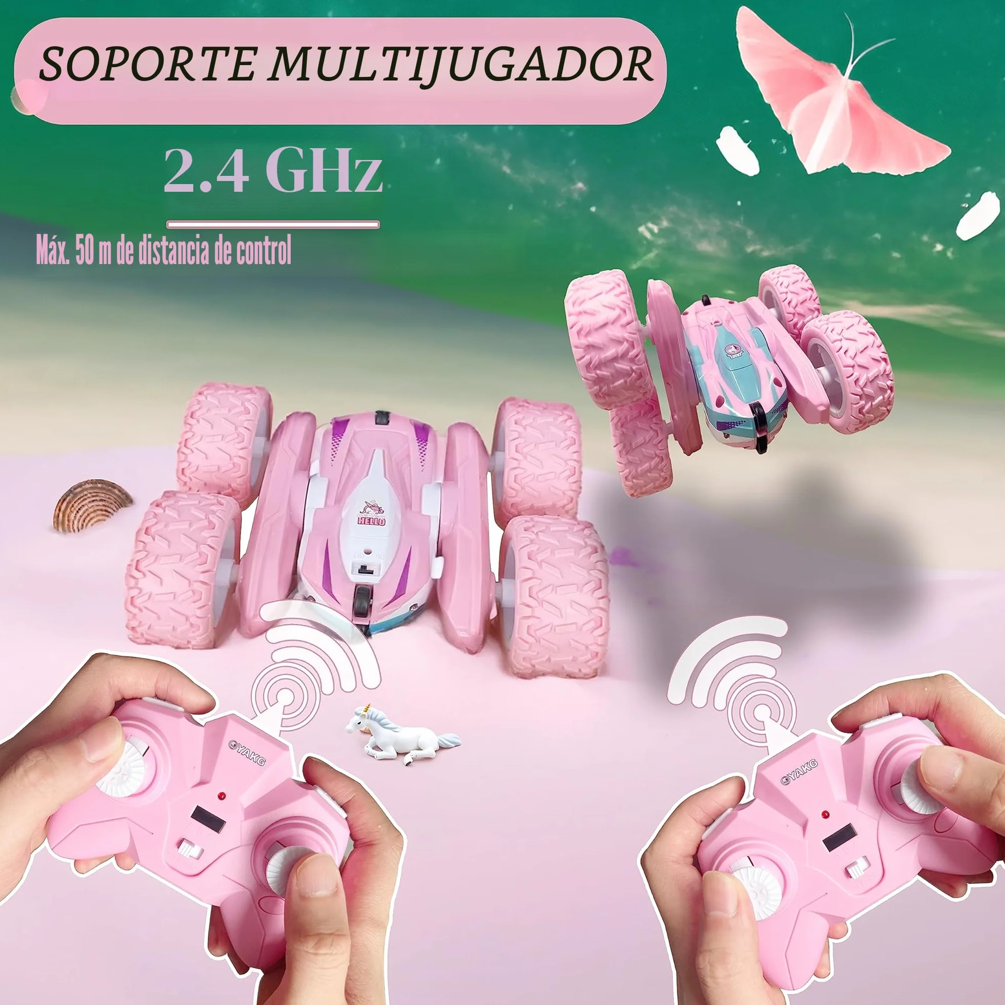 Coche Teledirigido 4WD Unicornio RC 2.4GHz 2 Baterias Rotación 360° Luz para Niños 3-10 años