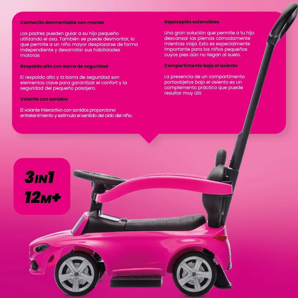 sun baby Coche de Empuje Mercedes C-Class, Coche para Niños a Partir de 1 año, Respaldo Alto, Volante con Audio, reposapiés Extensibles, Compartimento portaobjetos (Rosa)