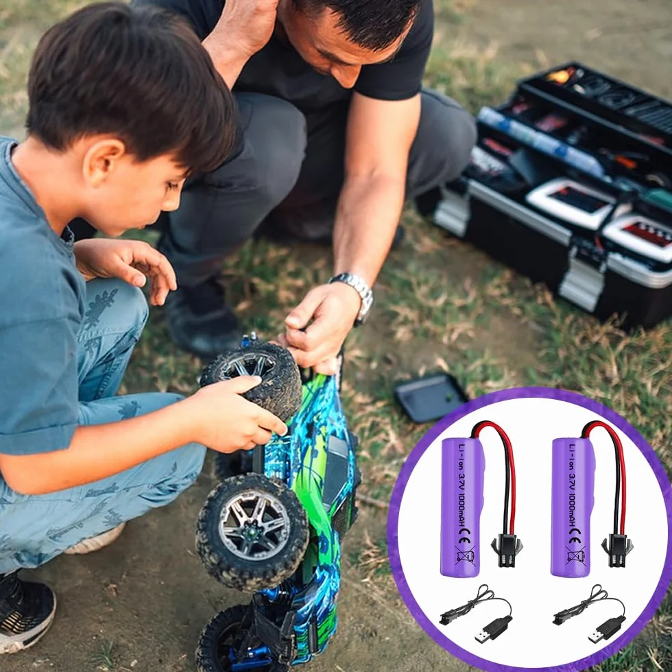 2 Piezas de 1000mAh 3.7V RC Batería, Baterías de Litio Recargables con Cable de Carga UBS Conector SM-2P, Batería Li-Ion Universal Compatible para Vehículos RC, Barcos, Tanques, Coches, Robots