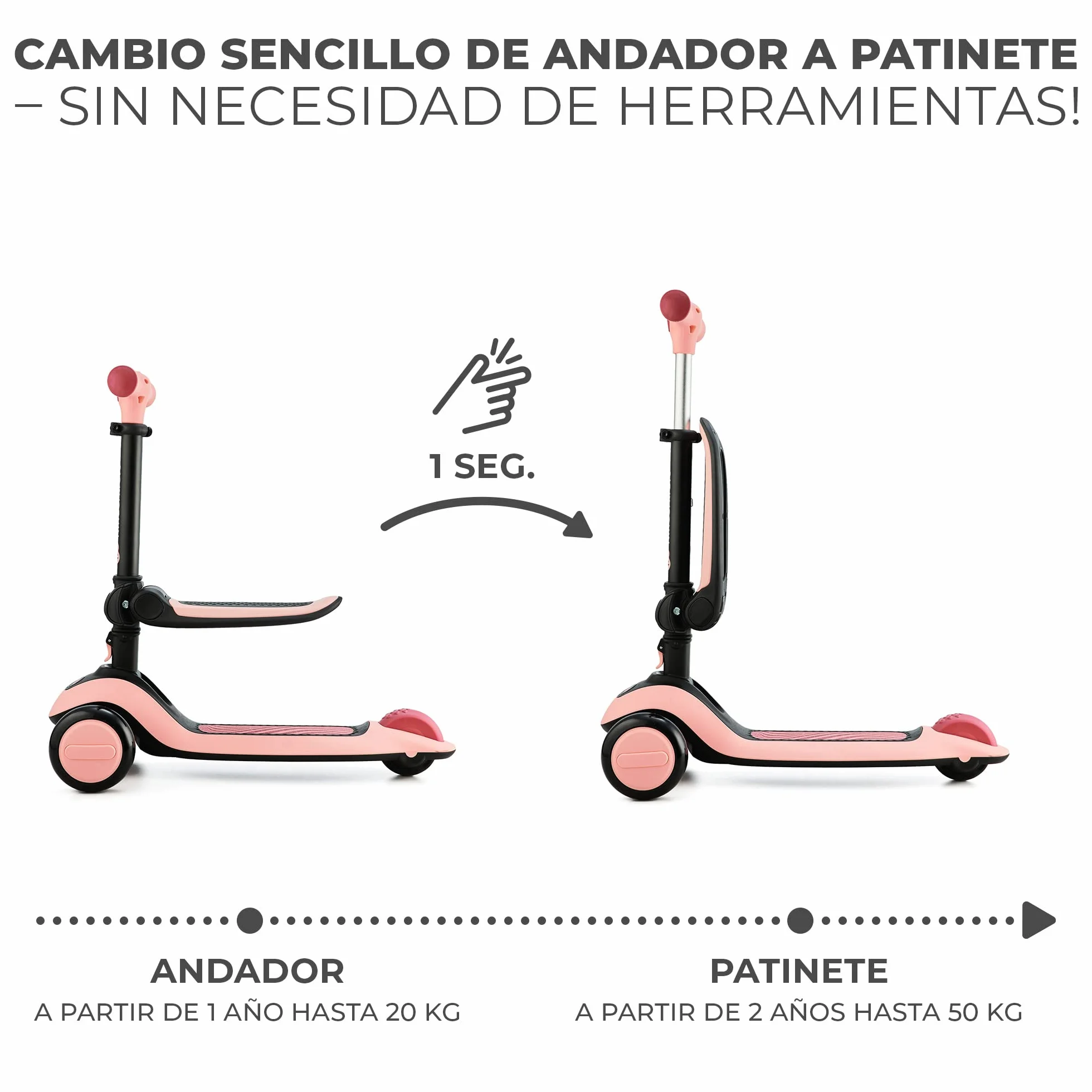 Kinderkraft Halley 2 en 1 Bicicleta sin Pedales y Patinete con Ruedas LED, Manillar Ajustable, Base Antideslizante, Ultraligera y Segura para Niños – Rosa