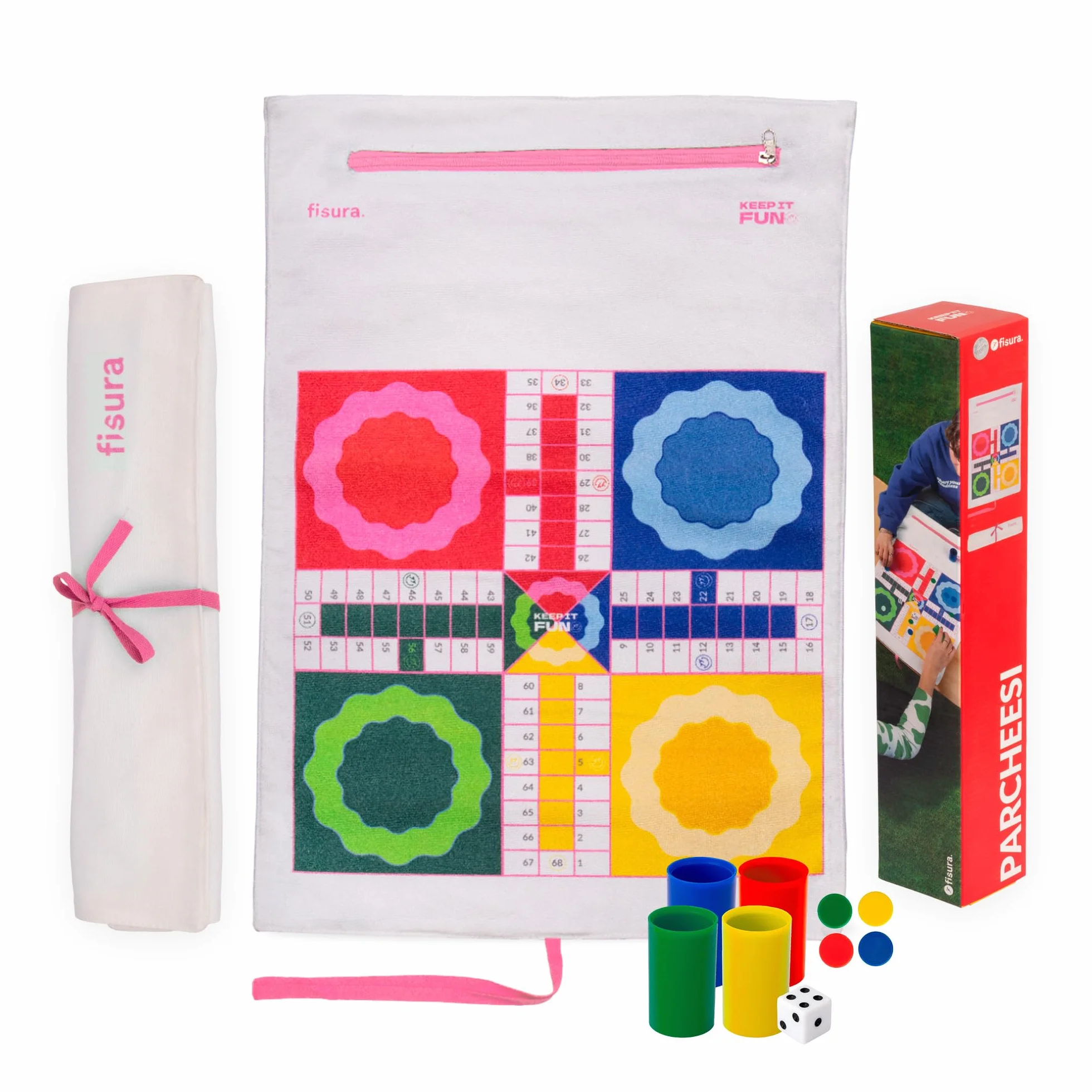 Fisura – Juego de Mesa portátil parchís. Juego de Viaje Enrollable para Playa, Viaje y escapadas. Parchís portátil Original. Fichas Incluidas. 40 cm x 9 cm