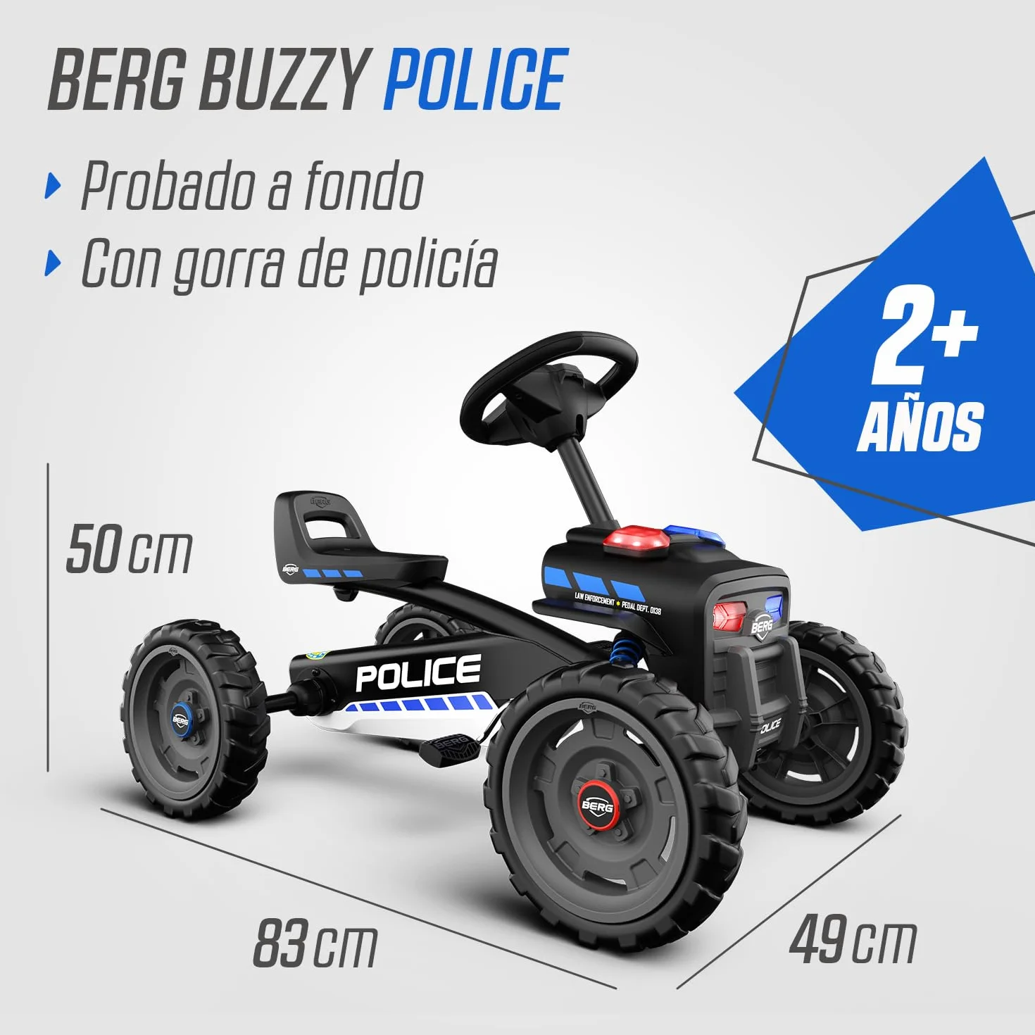 BERG Kart a Pedales Buzzy Police | 2-6 años, cuadro resistente, asiento regulable, volante regulable