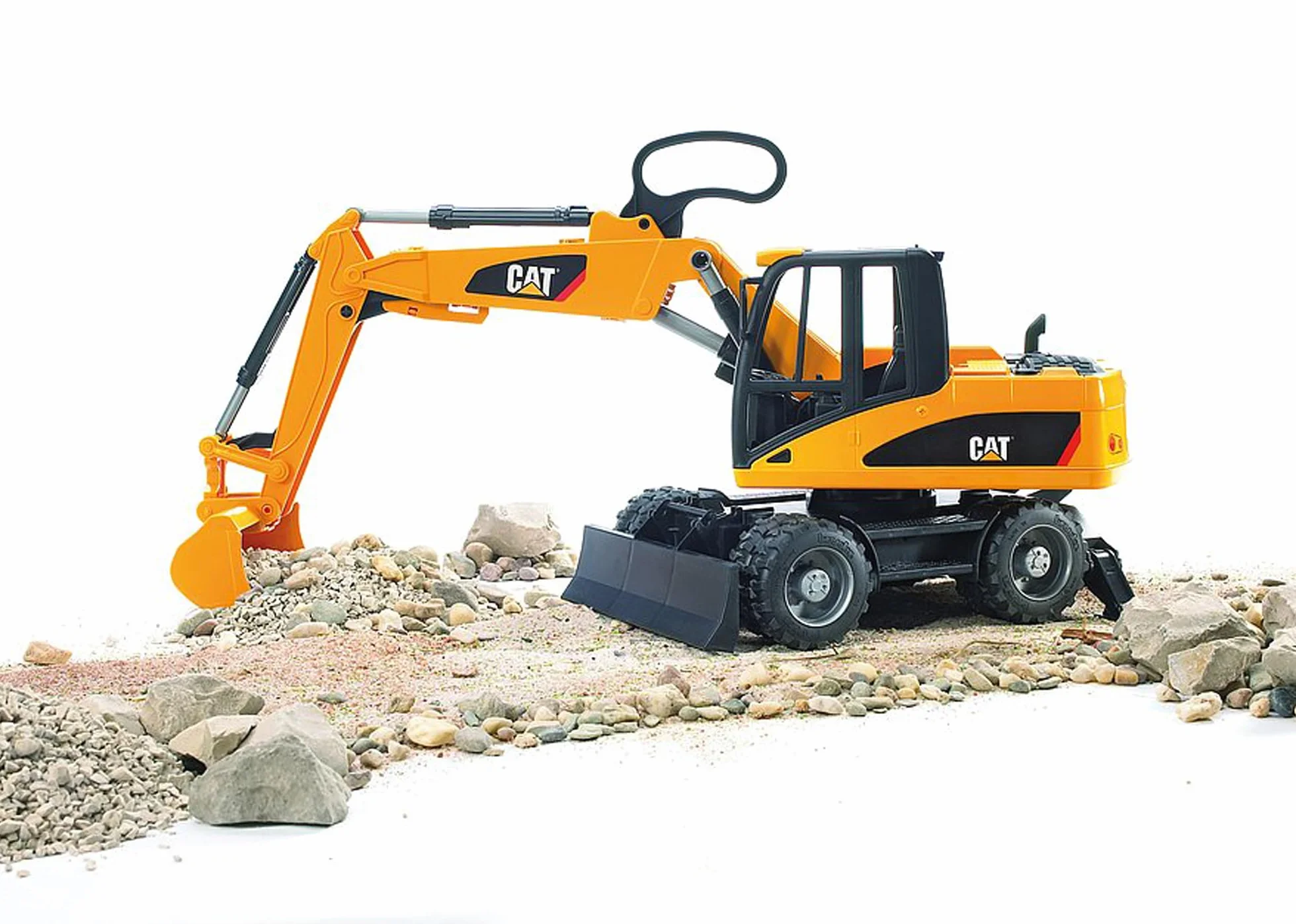 bruder 02445 - Excavadora de ruedas Cat - 1:16 Obra, Vehículo de construcción, Excavadora de cuchara, Trabajador, bworld, Máquina de construcción, Juguete
