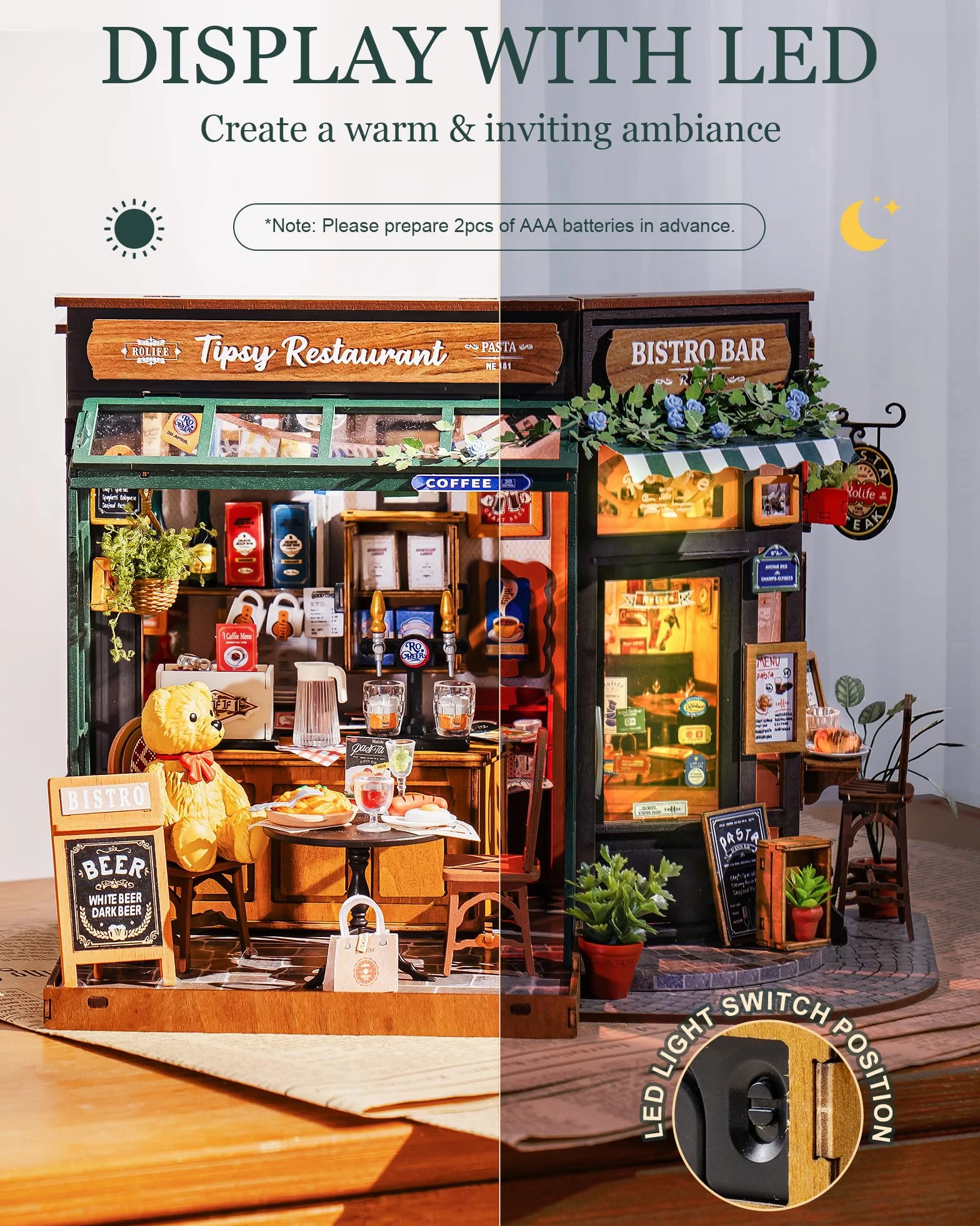 Rolife DIY Casa Miniatura Kit Bistro Bar - Kits de Maquetas para Adultos, Rolife Maquetas, Casas Miniaturas para Montar, Decoración para Casa Pequeña, Escritorio y Estante de Libros