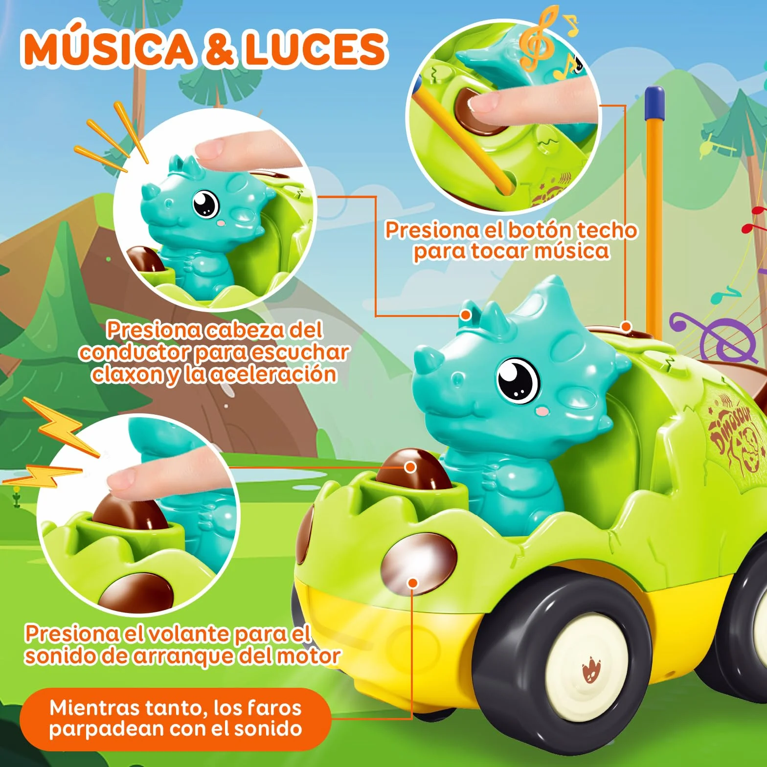 Coche de Dinosaurio RC para Niños Pequeños 18 Meses+ con Música y 2 Muñecas Intercambiables