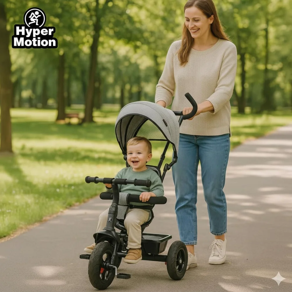 HyperMotion Triciclo Infantil con Manillar para Padres - Bici Bebé 1 Año Evolutiva hasta 20kg - Modelo Similar Kinderkraft con Barra de Empuje - Saltador Bebe Gris