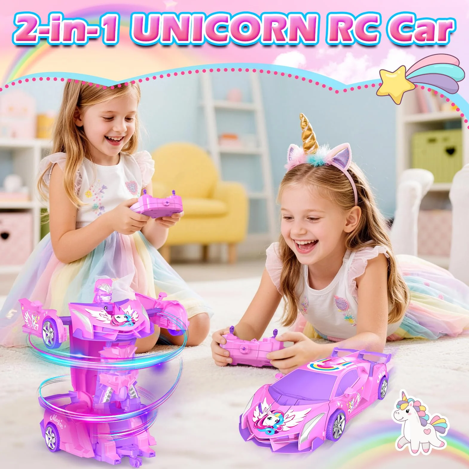 Unicornio Coche Teledirigido Niña, 2 en 1 Radiocontrol Transformar Coche RC 2,4GHz & Rotación 360°, Robot Unicornio Juguetes Niña 3 4 5 6 7 8 9 Años, Regalo Cumpleaños Navidad para Niños de Pascua