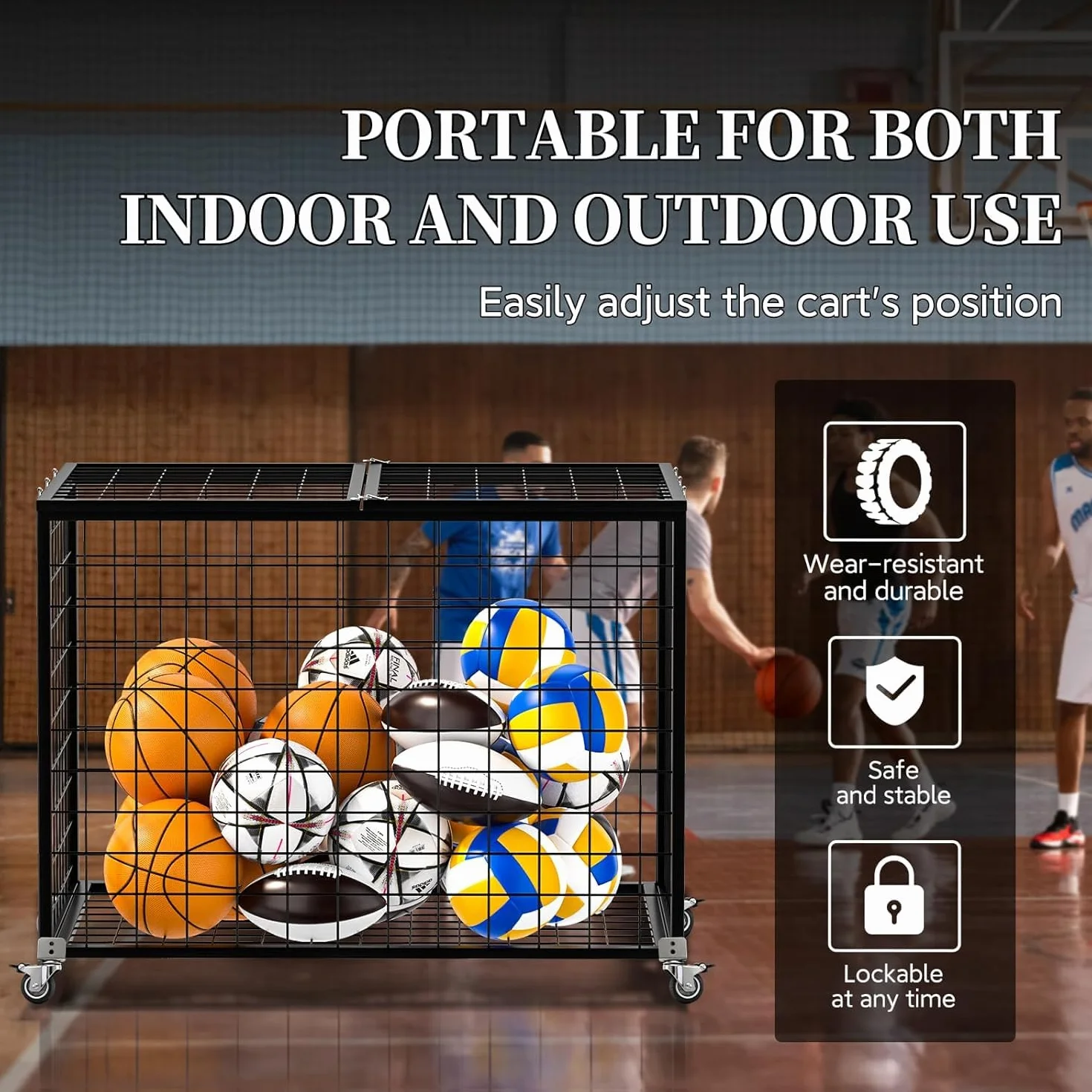 Carrito para balones deportivos con doble tapa con cerradura y ruedas para gimnasios, escuelas, clubes, baloncesto para interior y exterior