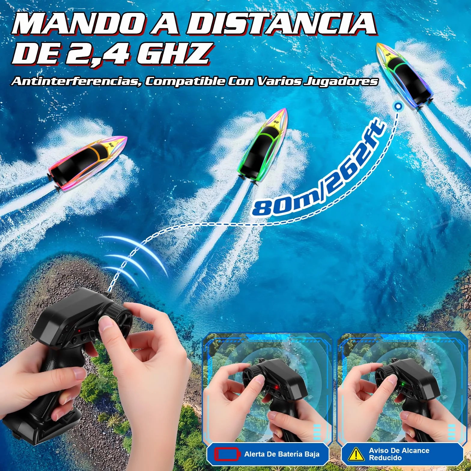 FORMIZON Barco Teledirigido, 2.4GHz Lancha Teledirigida con 7 Modos de Luces LED, 15 km/h Barco RC para Piscinas, más de 120 Minutos, Barcos Teledirigidos Juguetes de Piscina para niños (Azul)