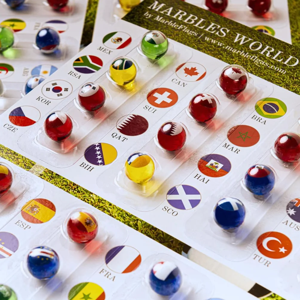 Colección 48 Canicas con Banderas del Mundial 2026 | Ideal para Circuitos de Canicas y MarbleRun | 16 mm