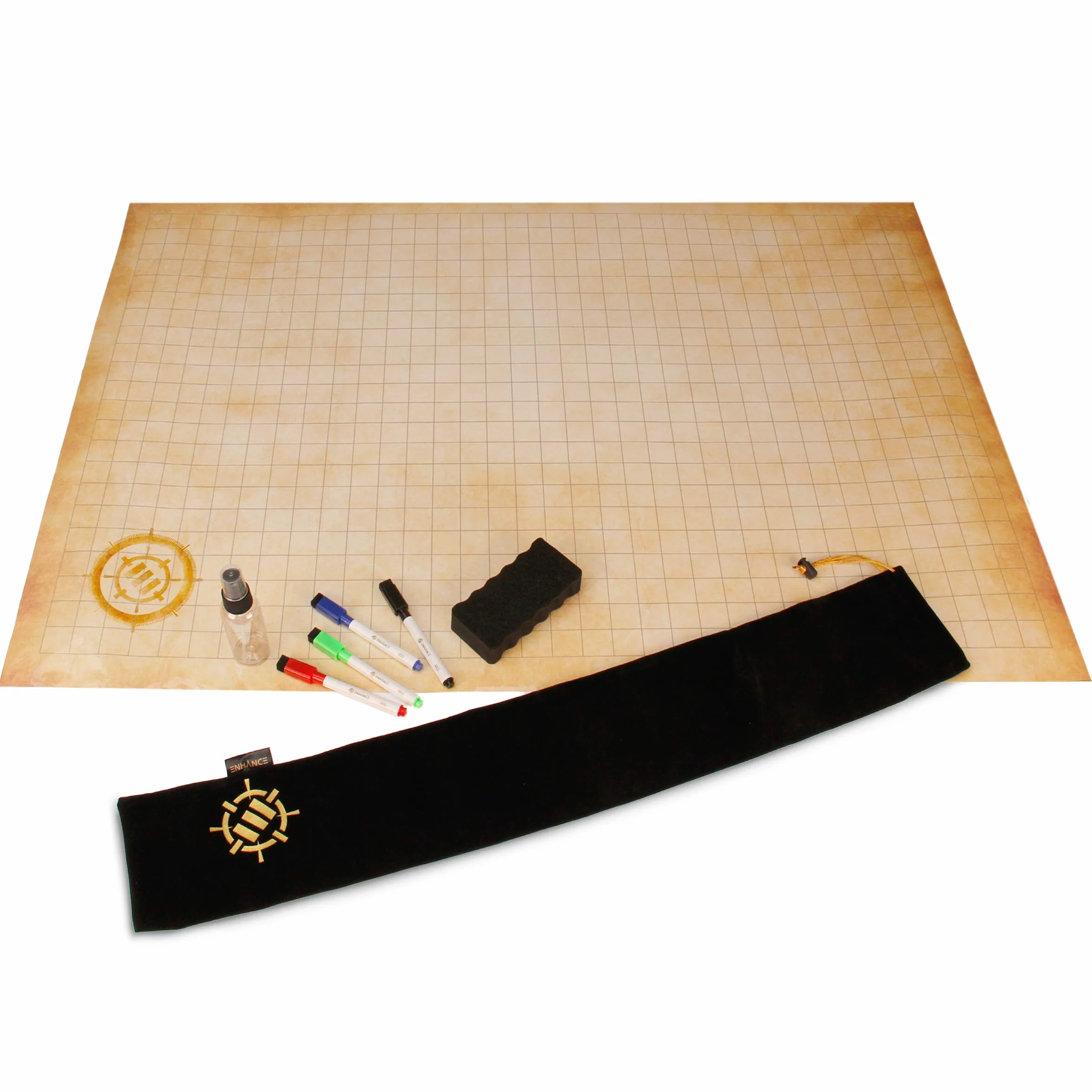 ENHANCE RPG Grid Mat - Tapete de Batalla DND de Mesa (61x91 CM) Juego de rol Mapa de Cuadrícula DND de Borrado en Seco Juego Completo para Maestros y Principiantes, Kit de Marcadores