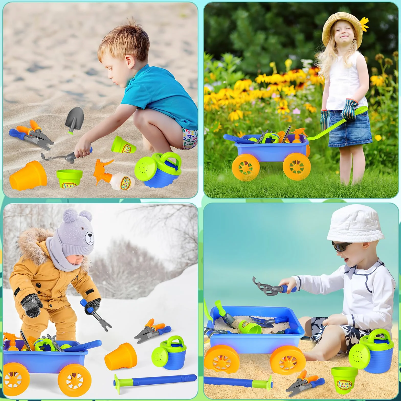 deAO Carretilla y Herramientas de Jardín para Niños y Niñas - Juego de Juego con Herramientas de jardinería, Incluye 10 Accesorios y 4 Macetas para Plantas (Azul)