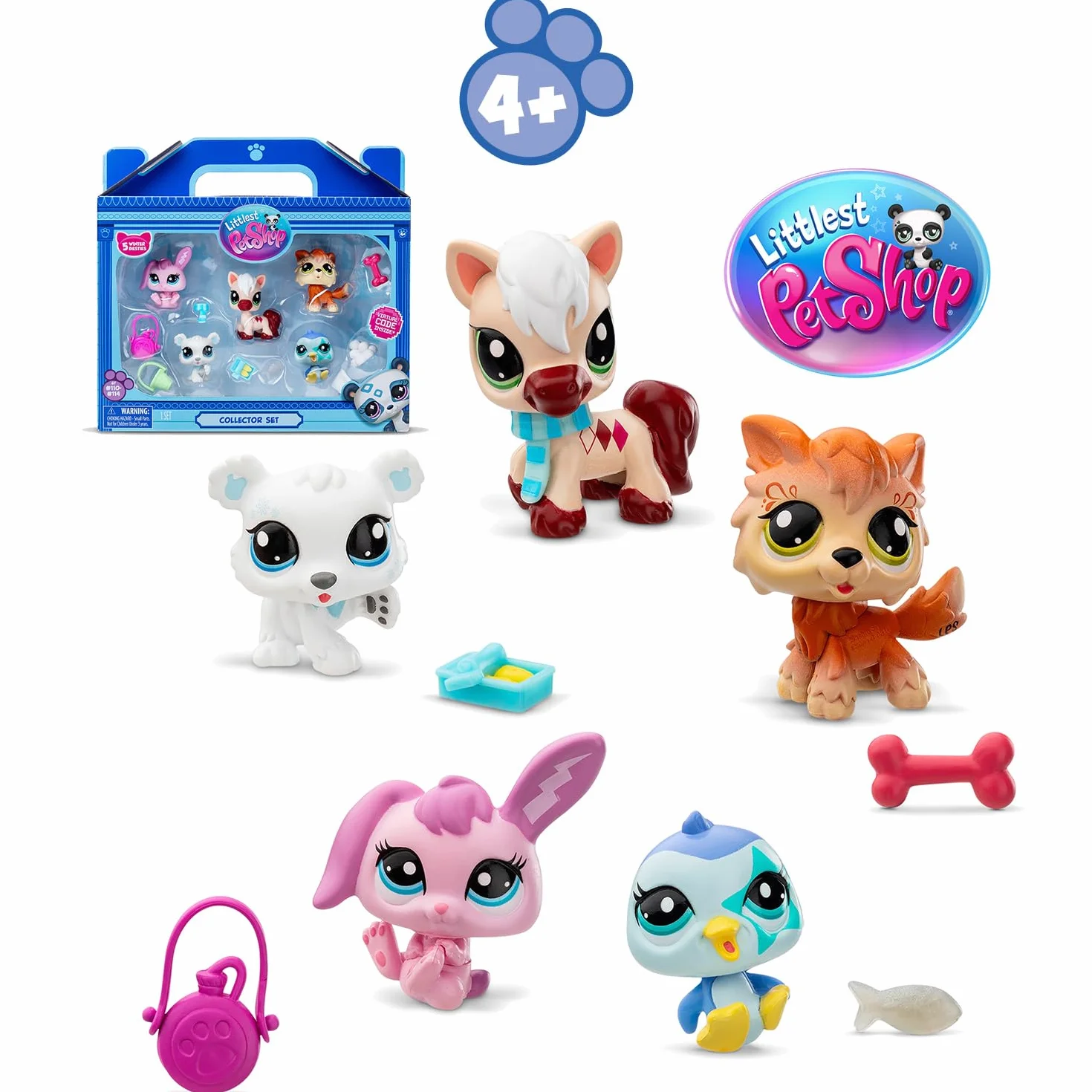 BANDAI Littlest Pet Shop Pack DE 5 Winter Besties BF00573 Incluye 5 Mascotas, 7 Accesorios adorables, 1 Tarjeta de coleccionista, 1 código Virtual, Cabezas Móviles, para Edades de 4 años+