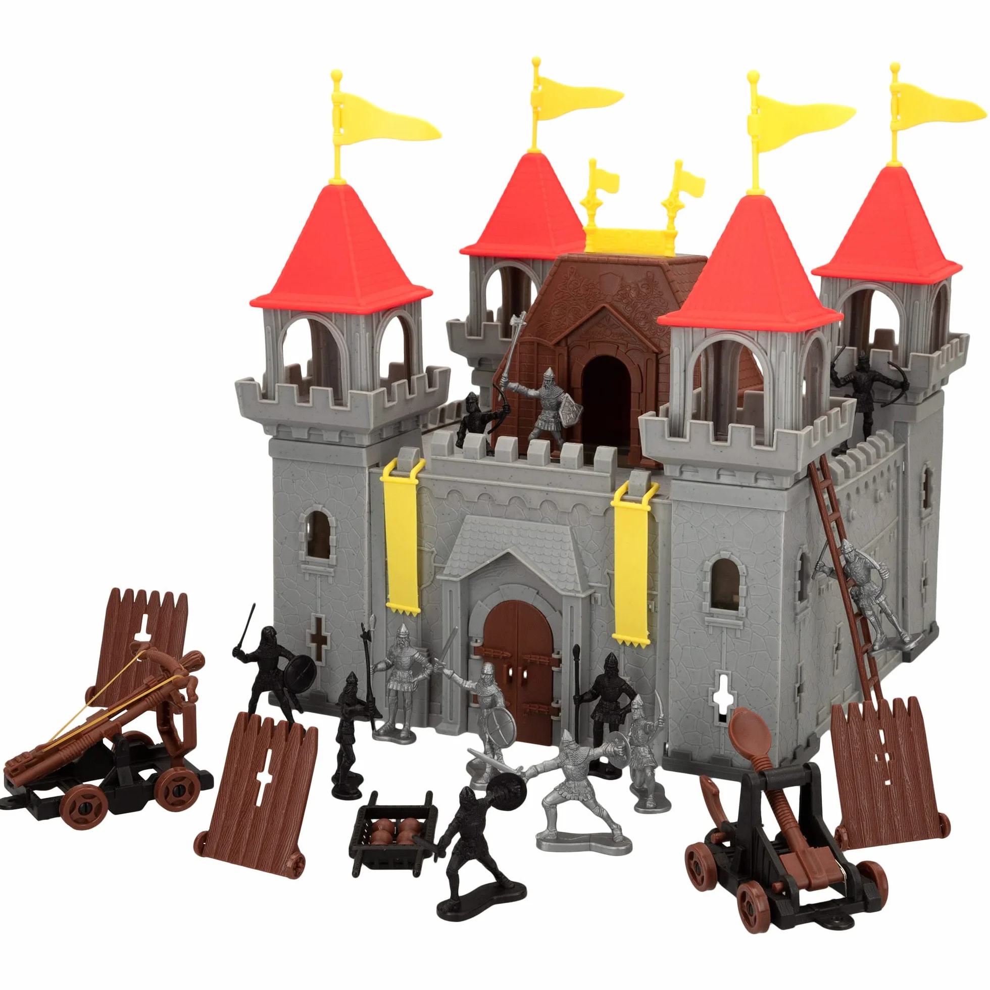 ColorBaby 49770 - Castillo de juguete Medieval Warriors / Castillo para construir, incluye: 12 soldados, 1 escalera, 3 fuertes, 1 balista, 1 catapulta y 1 porta proyectiles con 6 bolas