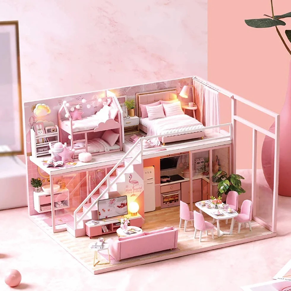 Cuteroom lemogo Wooden Dollhouse - Muebles DIY Assembling House Miniature Crafts Toys - Handmade Minimalist Apartment - for Children and Teens