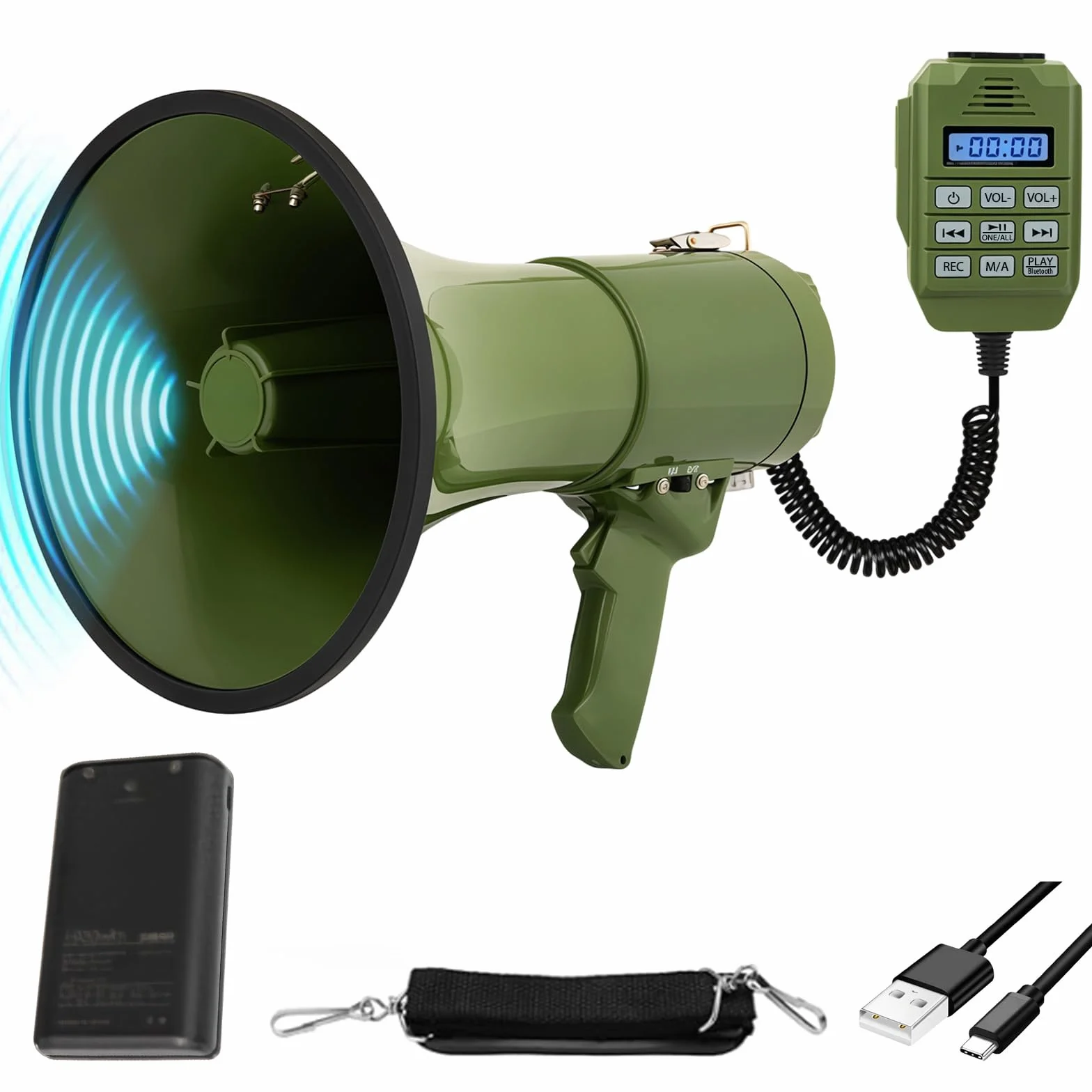 Megáfono Transportable con Sirena, Micrófono, Grabación y Bluetooth, 2 Métodos de Alimentación
