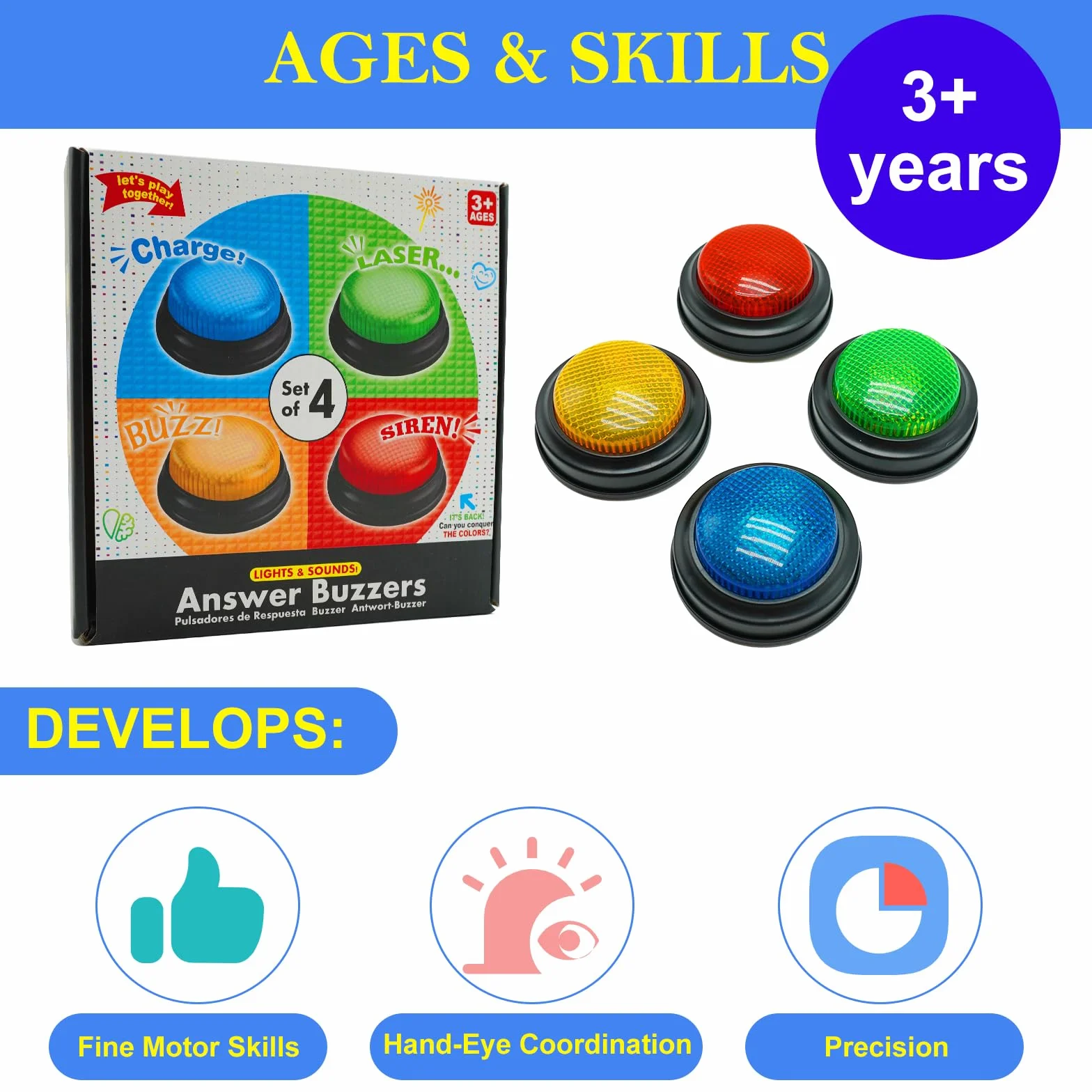 Gelabur Juego de 4 zumbadores para juegos de trivia, zumbadores de respuesta para aula, zumbador de peligro de peleas familiares, zumbadores de juego con luces y sonido para aula, botones de zumbador