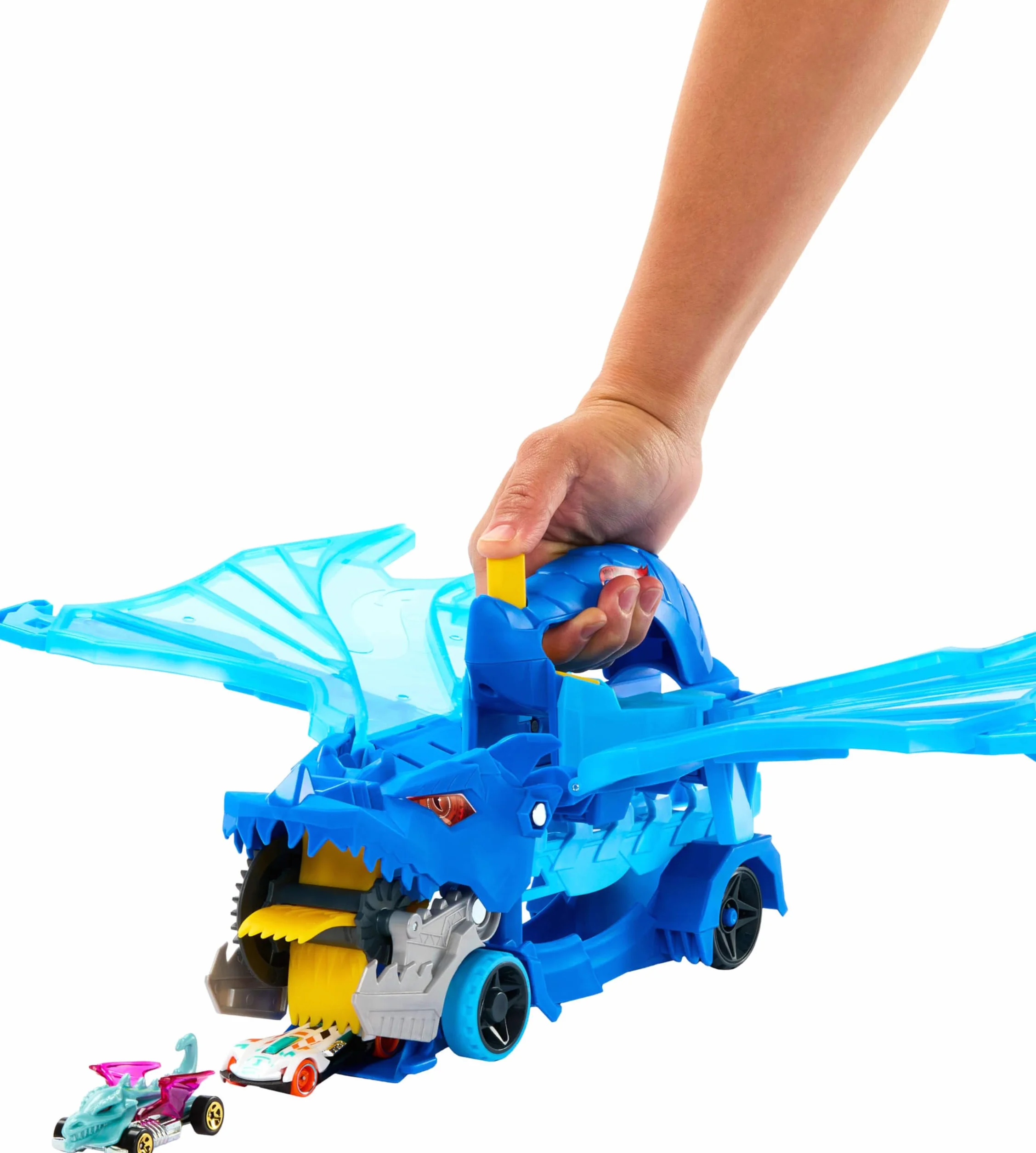 Hot Wheels City Dragón transportador con Ataque Doble definitivo Conjunto de Pista de Coches de Juguete con 2 Coches metálicos, dragón a Gran Escala y Desmontable, Capacidad más 20 vehículos, JKJ79