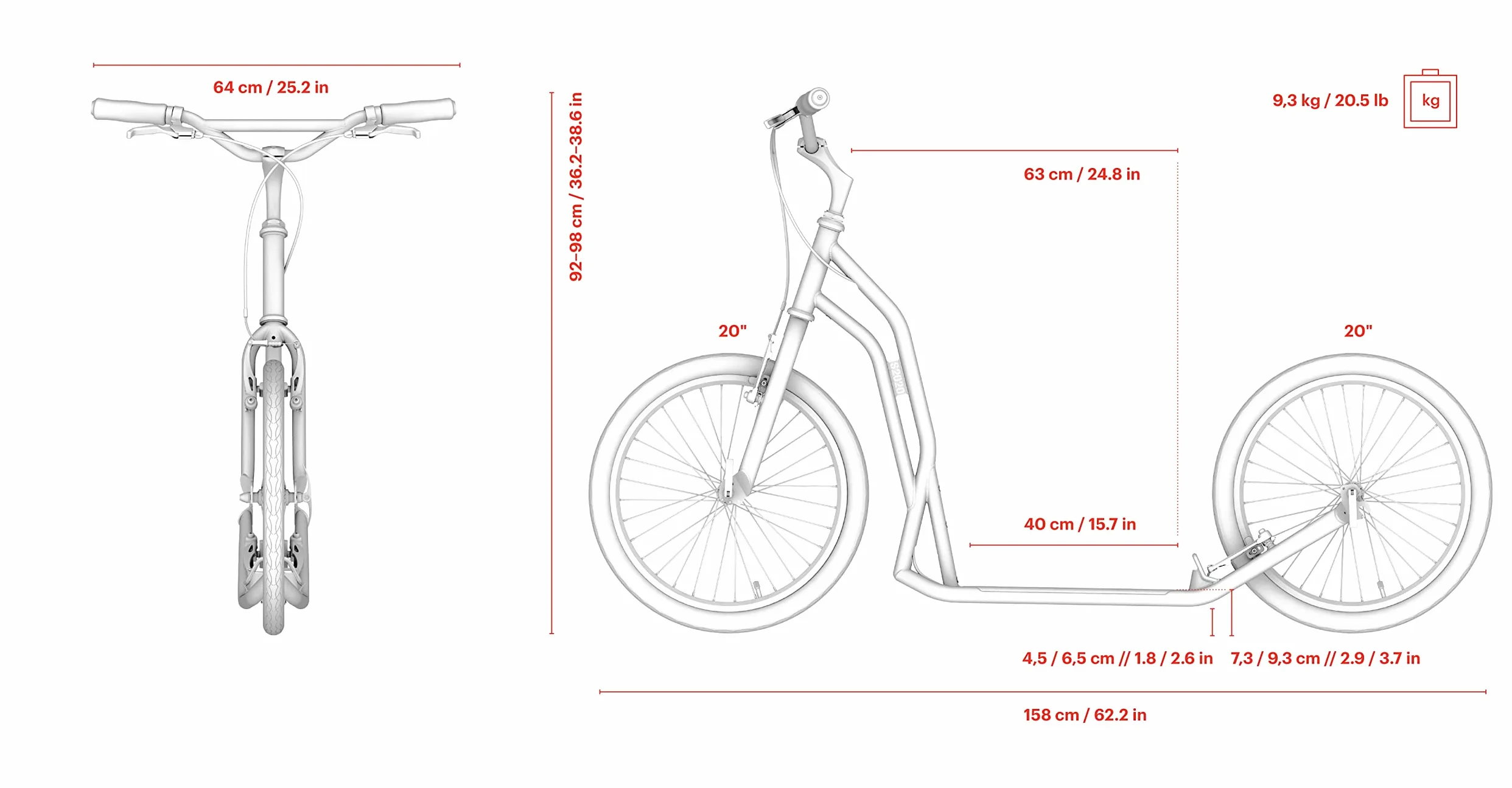 Yedoo S2020 - Patinete de hasta 150 kg, con neumáticos de aire 20/20, patinete para adultos, patinete para perros