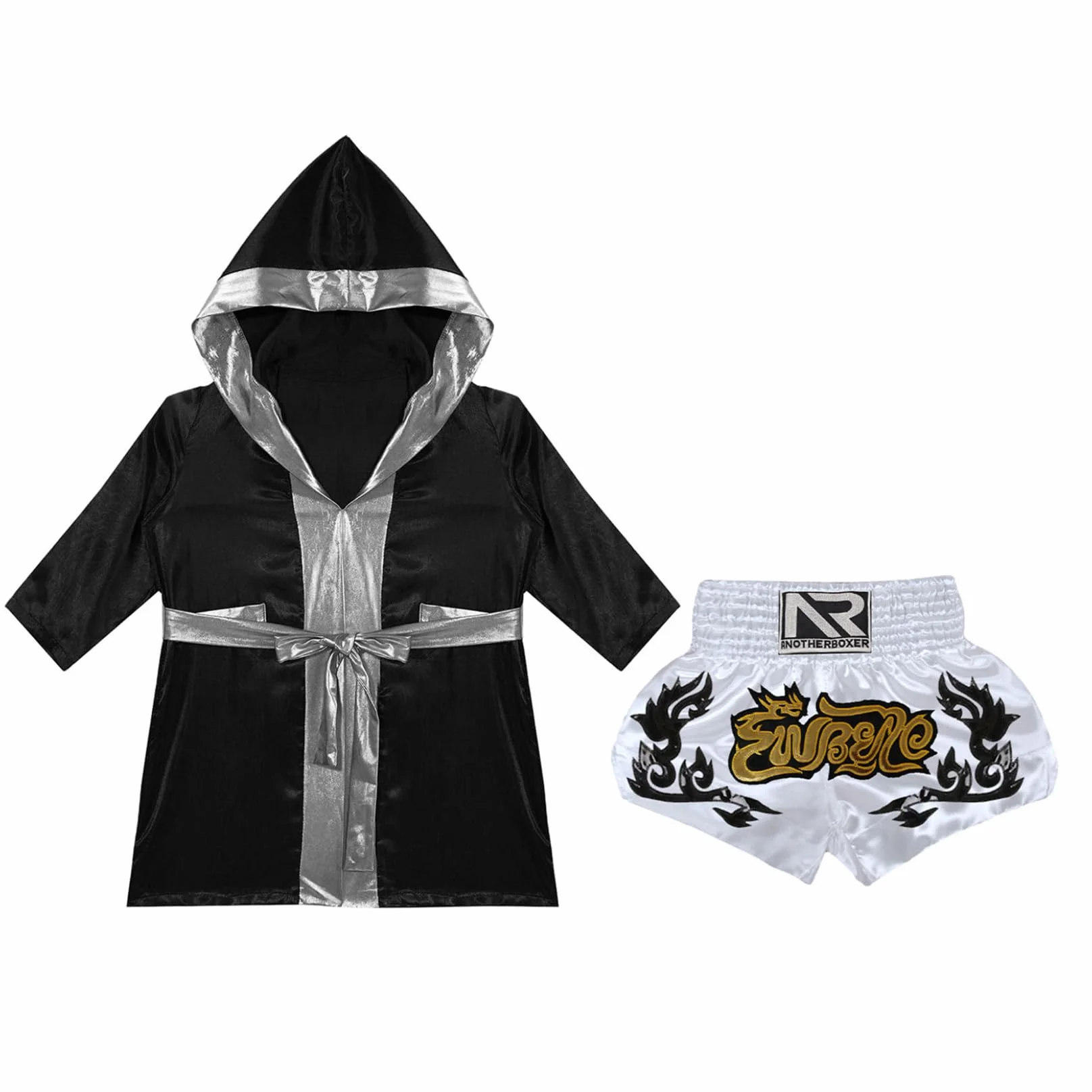 Conjunto de pantalones cortos de boxeo para niño, bata de entrenamiento boxing MMA Muay Thai 5-16 años Negro Plata Blanco