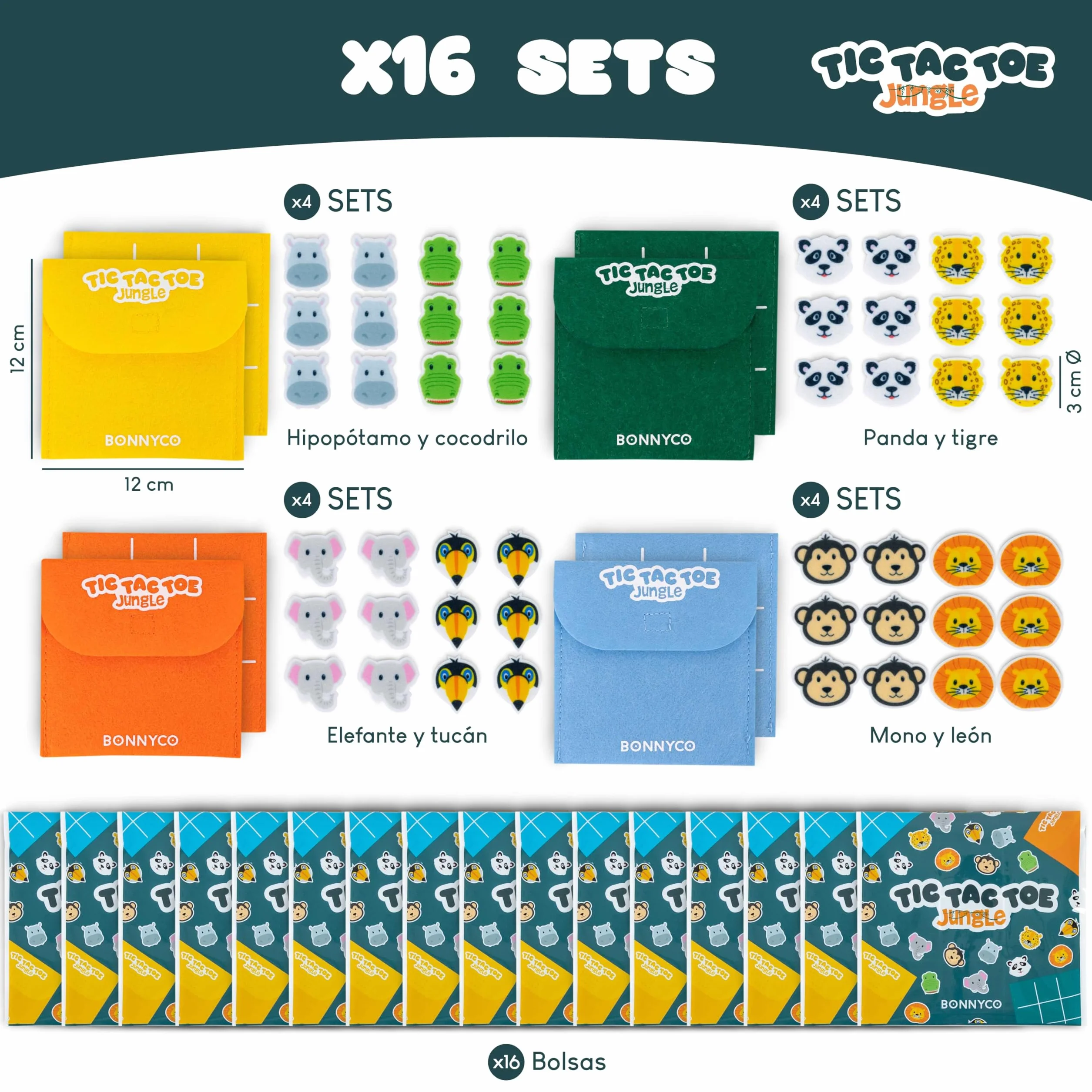 BONNYCO Tres en Raya Niños Animales, Pack 16 Regalos Cumpleaños Colegio, Mini Juegos 3 en Raya