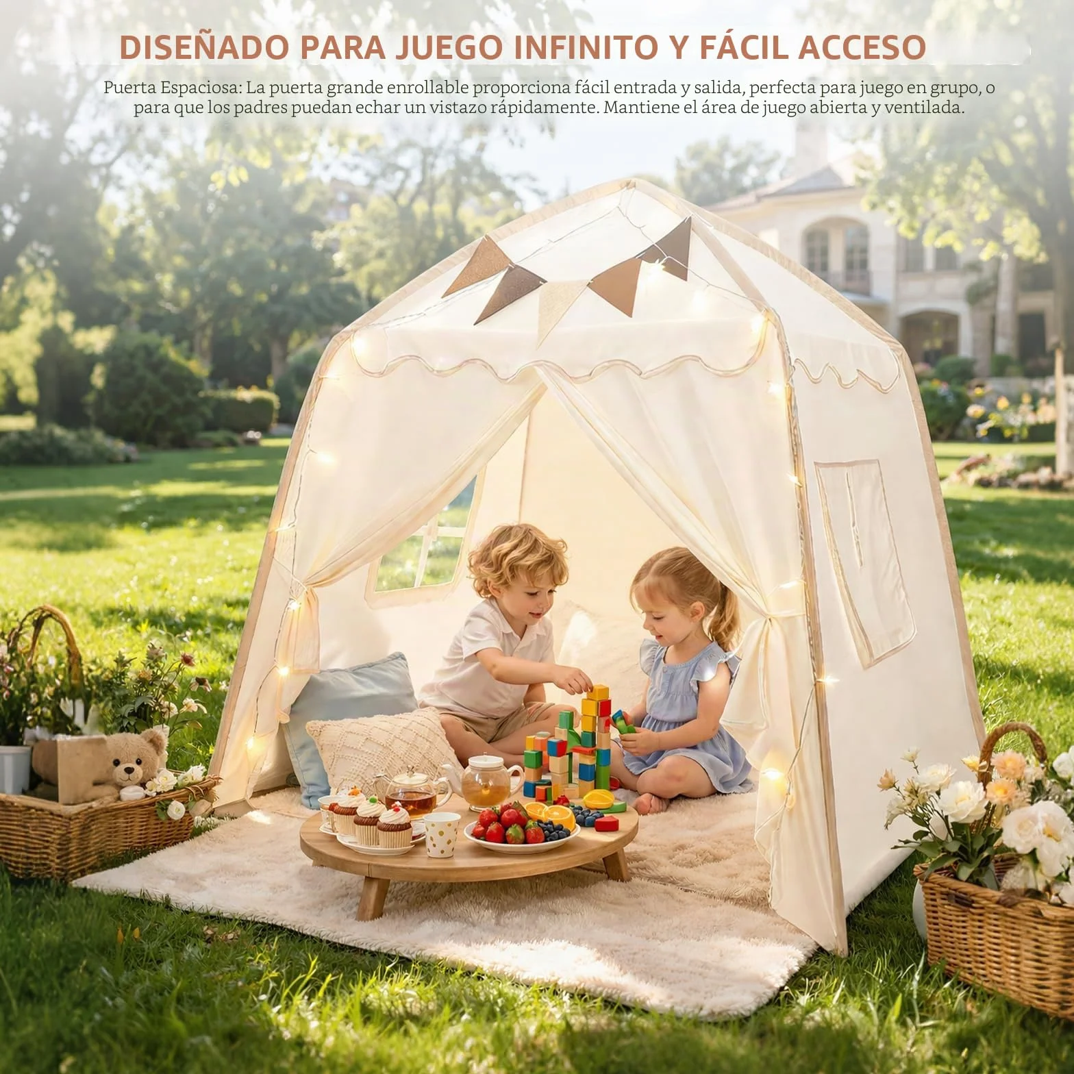 Tienda Campaña Infantil Tipi Cabañas para Niños con Luces y Banderas Casa de Juegos Carpa de Princesa Grande Regalo con Ventanas