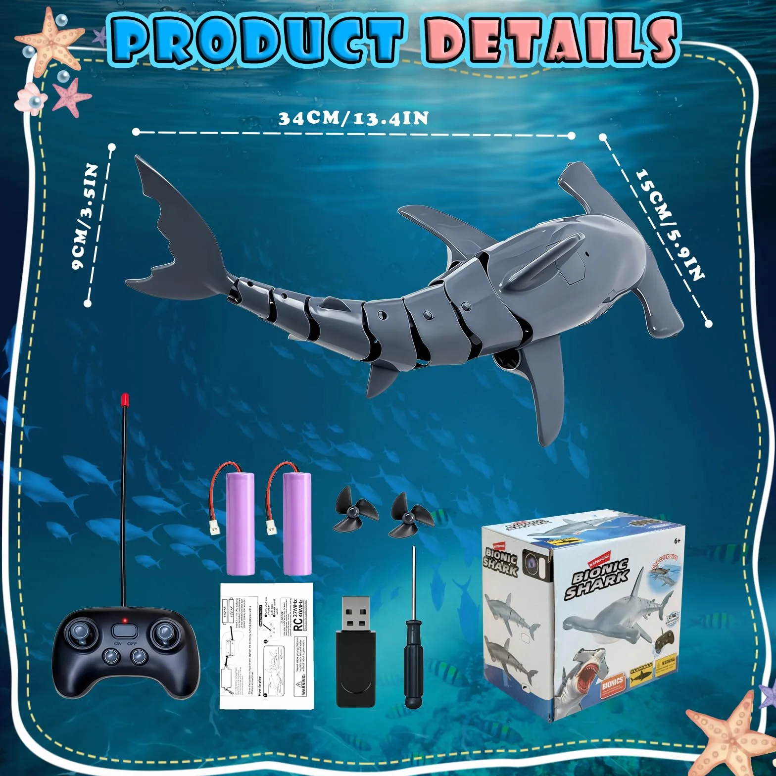 Tiburon Teledirigido Submersible, Tiburon Submarino Juguete 2.4GHz RC Tiburón con Luces LED para Piscinas, Lagos y Bañeras (Gris)