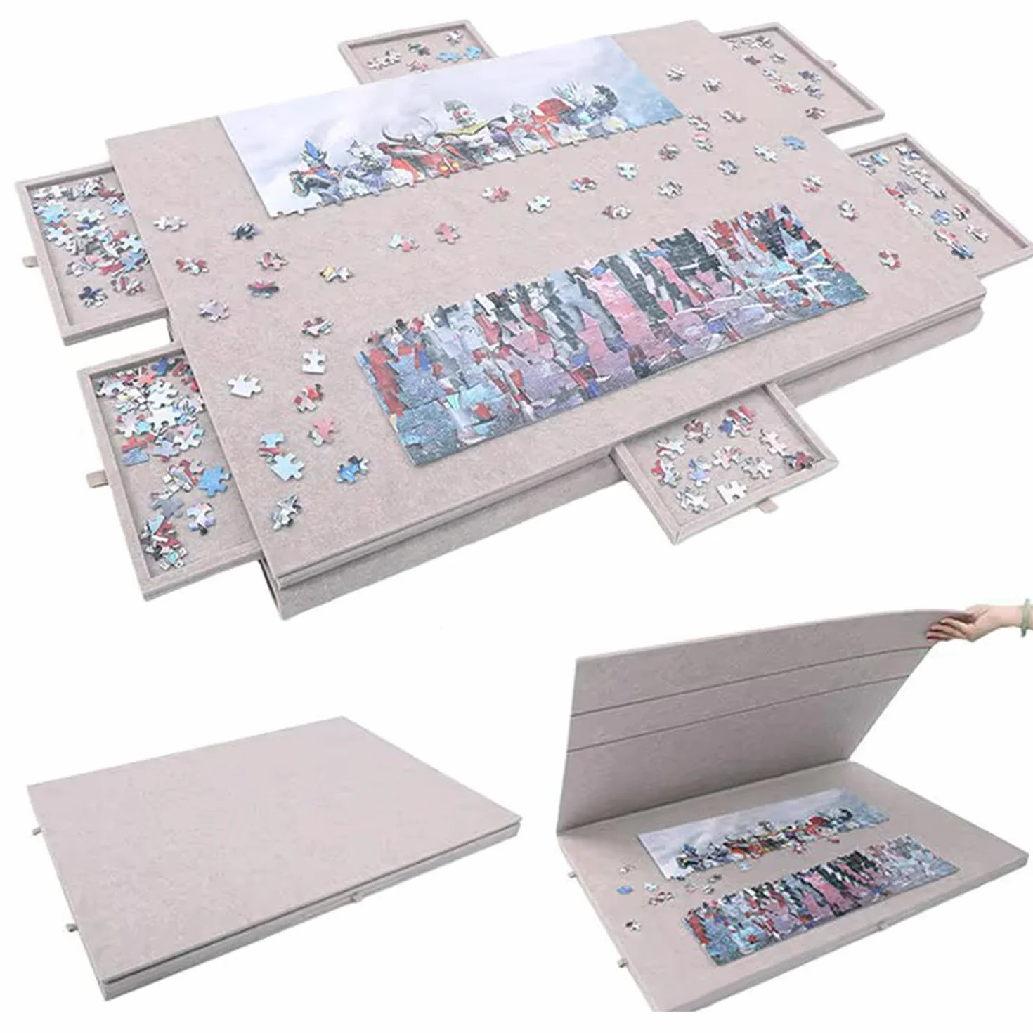 Tavola Pieghevole Per Puzzle Con Supporto e Copertina 2 In 1,Mesa Rompecabezas De 1000 Piezas,Tablero Portátil Con 6 Cajones,Placa De Cubierta Plegable,Fieltro Ligero,Para Adultos y Niños,Kaki