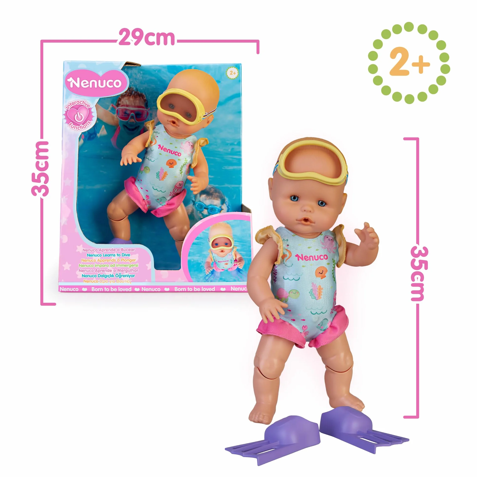 Nenuco - ¡Aprende a Bucear! Muñeco de 35 cm y Cuerpo Duro Que Mueve Sus piernas y Nada solito. con tu Ayuda podrá sumergirse en el Agua y bucear. Incluye bañador, Aletas y Gafas de bucear (NFN75000)