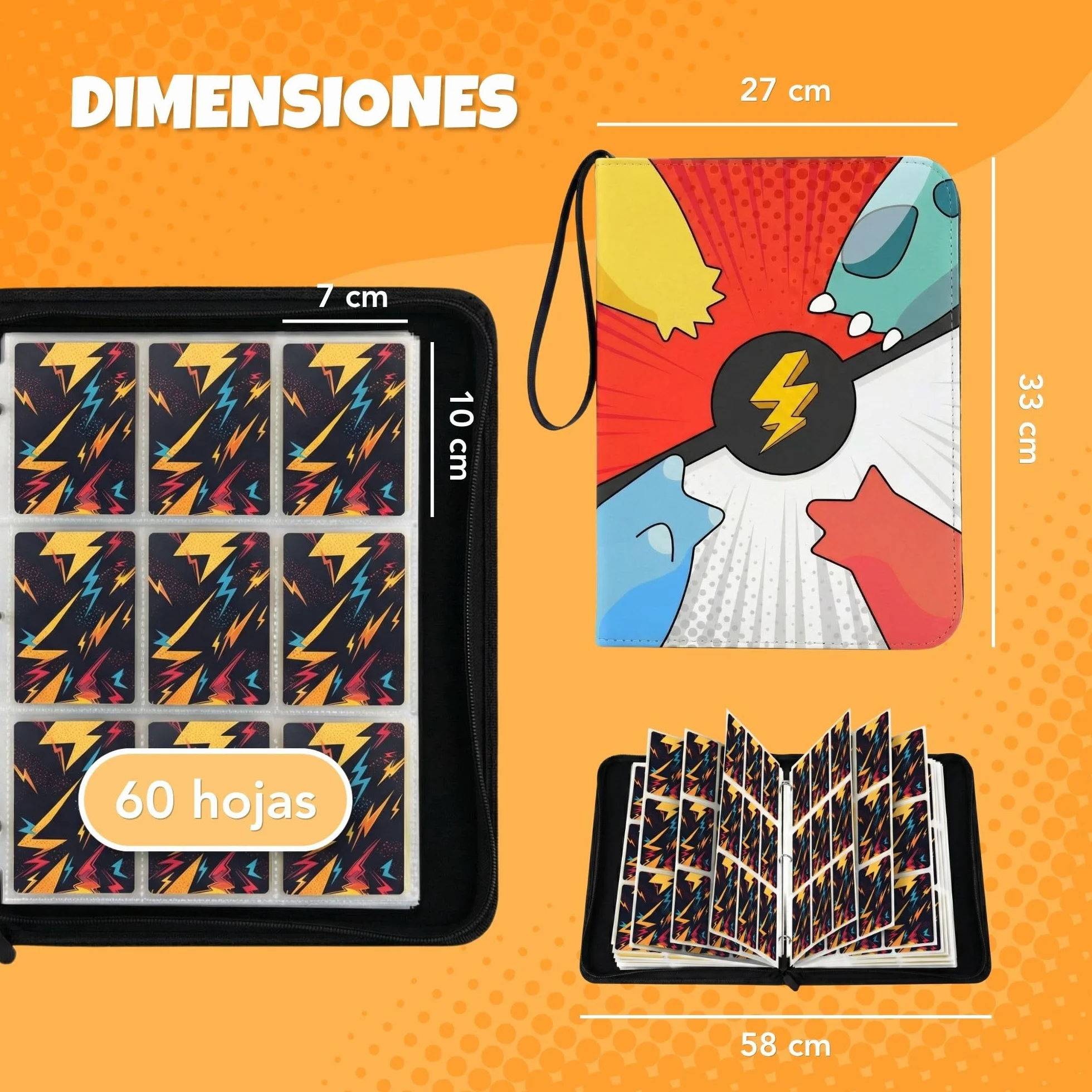 Álbum Cartas para Pokémon – 1080 Cartas, 60 Páginas y 9 Bolsillos – Card Binder Grande con Cremallera – Carpeta para Cartas TCG con Archivador Impermeable y Doble Cara
