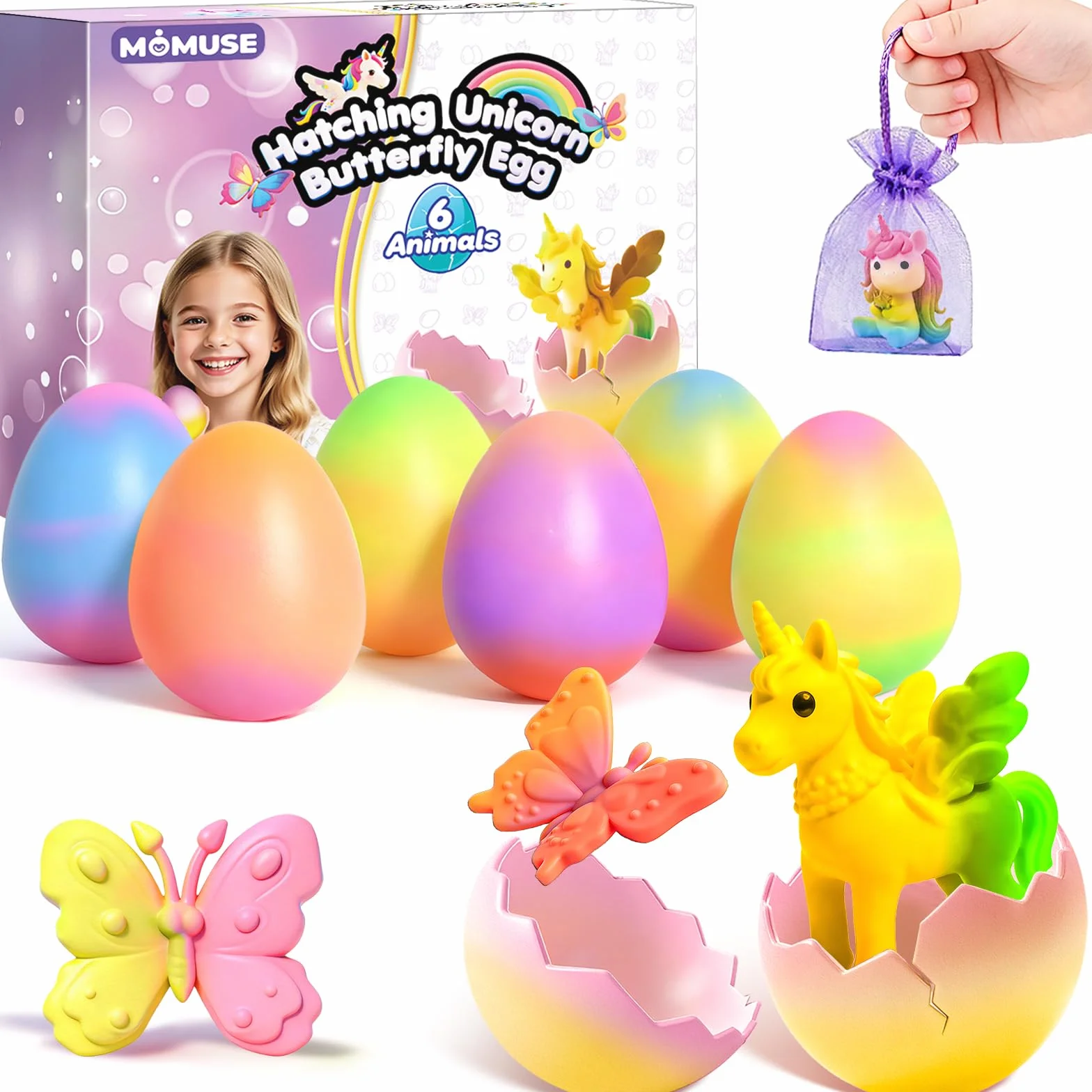MOMUSE Huevo de Unicornio para Niños 6 PCS, Kit de Manualidades, Regalo Niñas 4 Años, Regalos de Pascua, Regalos para Fiestas de Cumpleaños Niñas Niños 3 4 5 6 7 8 Años