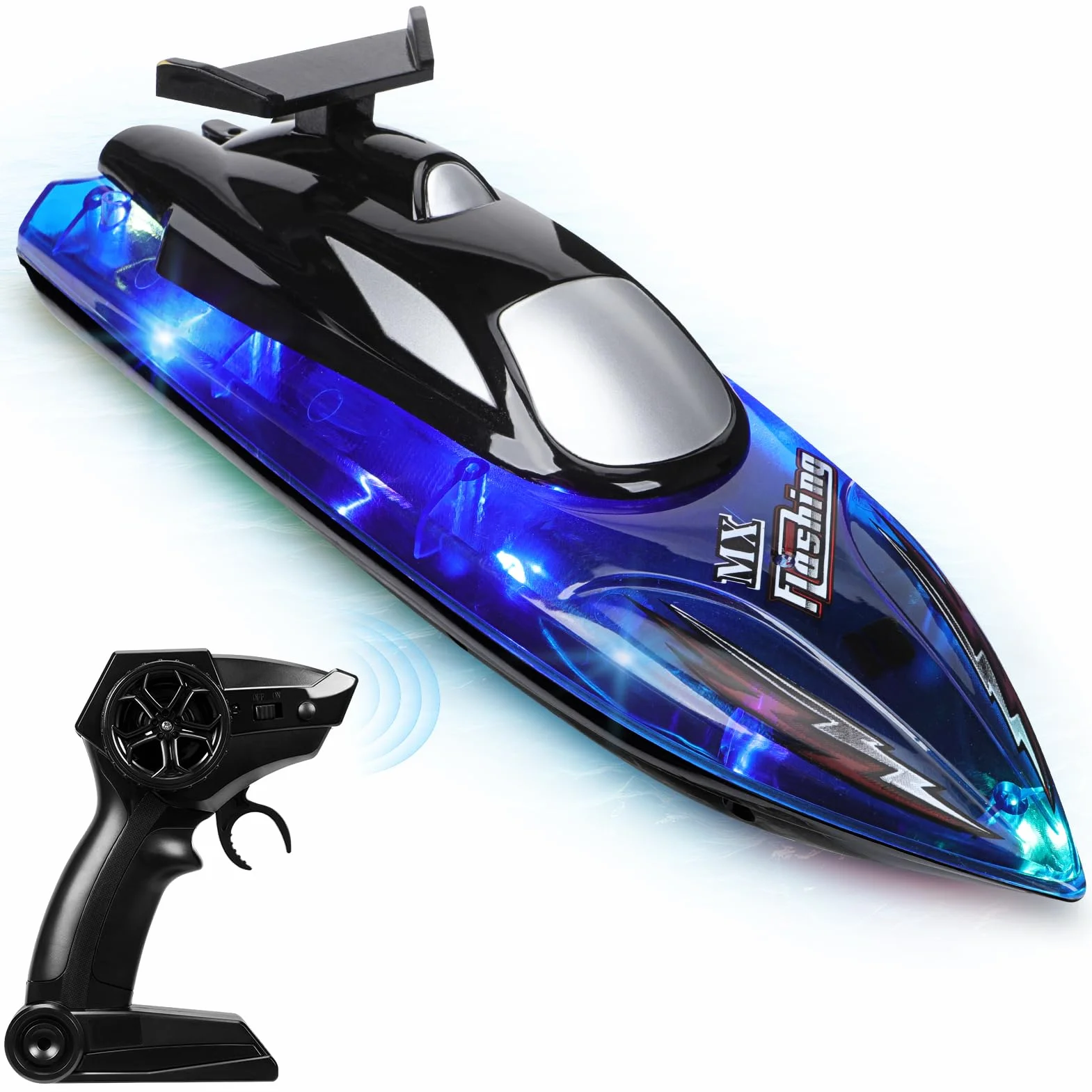 Barco RC para Niños con Luces LED, Control 2.4 GHz, 2 Baterías Recargables, Alarma de Batería Baja, Juguete Acuático para Piscinas y Lagos, Niños de 8 a 12 Años