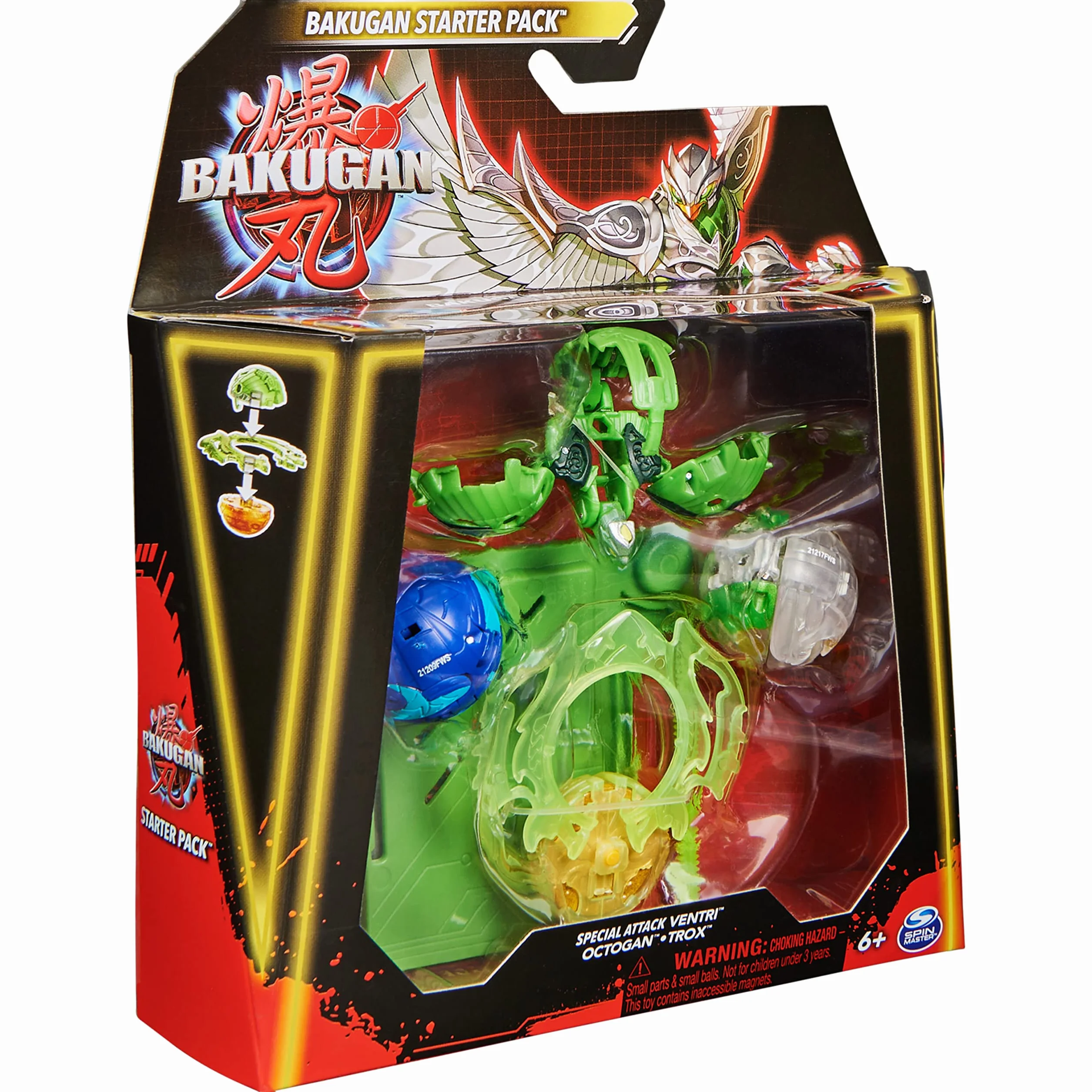Bakugan Paquete de 3 Unidades Iniciación Ventri Octogan Trox Figuras Acción Giratorias Personalizables Tarjetas