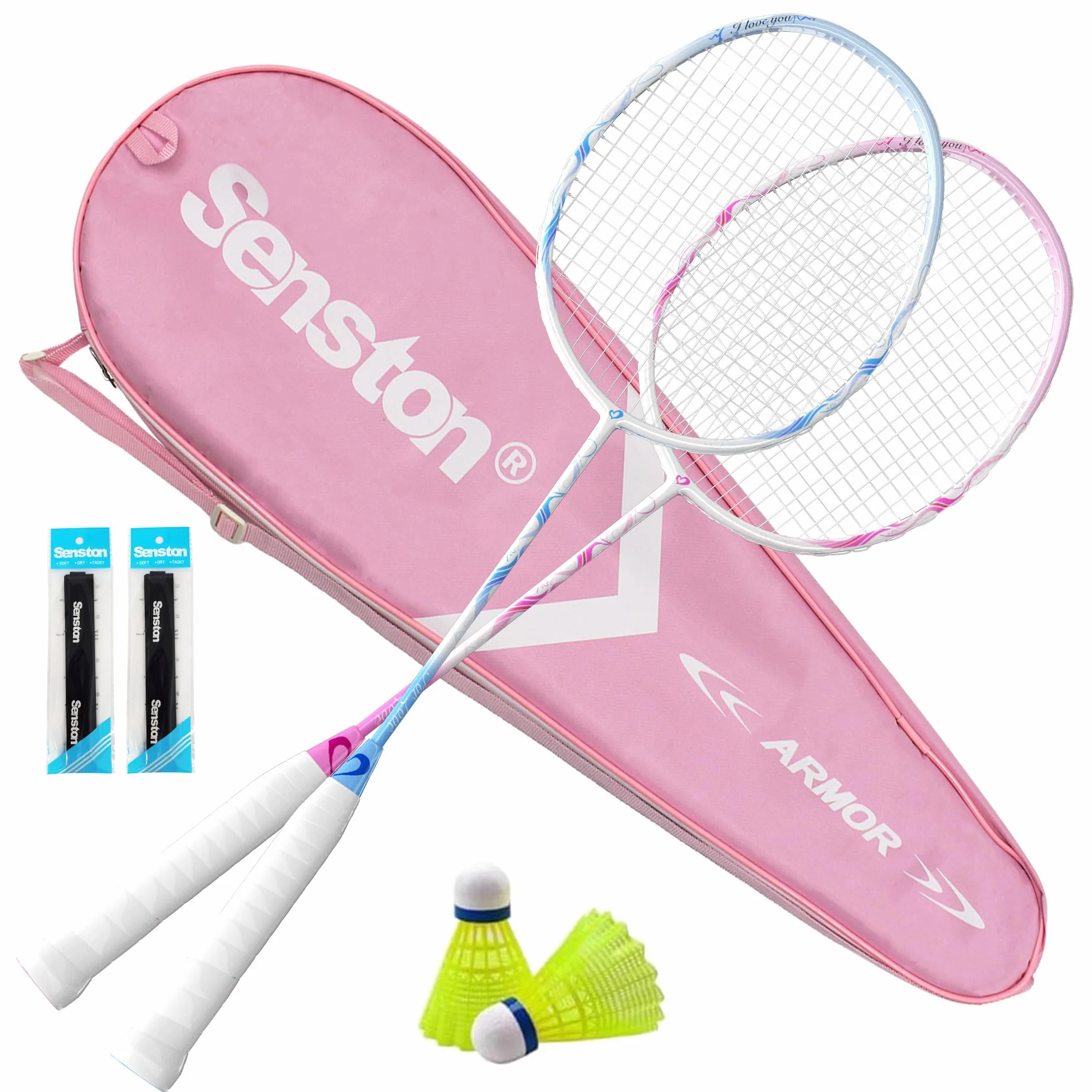 Senston Raqueta de bádminton para 2 Jugadores con Bolsa, Volante y Overgrip
