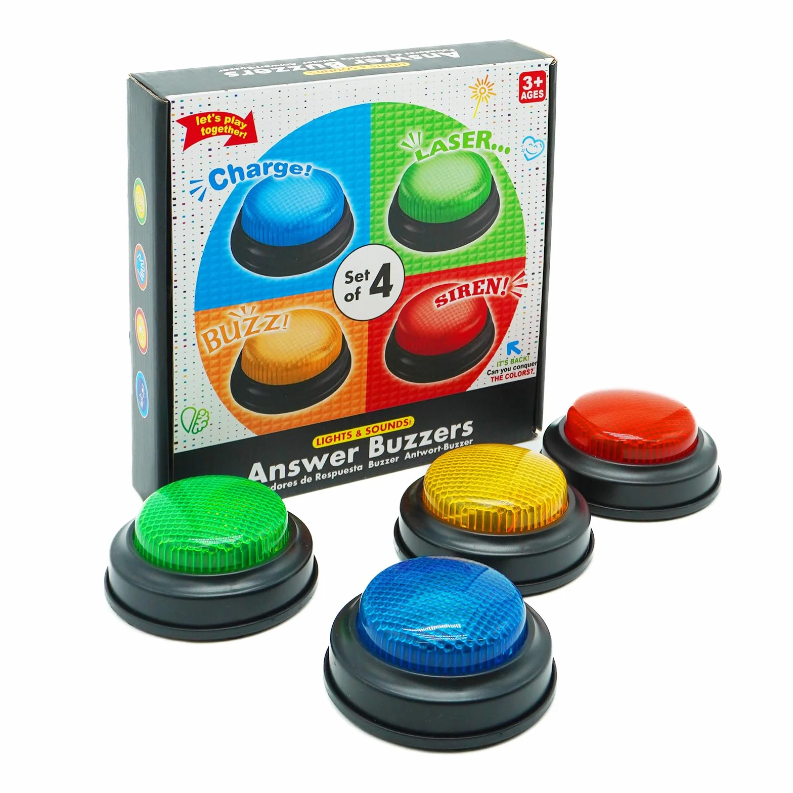 Gelabur Juego de 4 zumbadores para juegos de trivia, zumbadores de respuesta para aula, zumbador de peligro de peleas familiares, zumbadores de juego con luces y sonido para aula, botones de zumbador