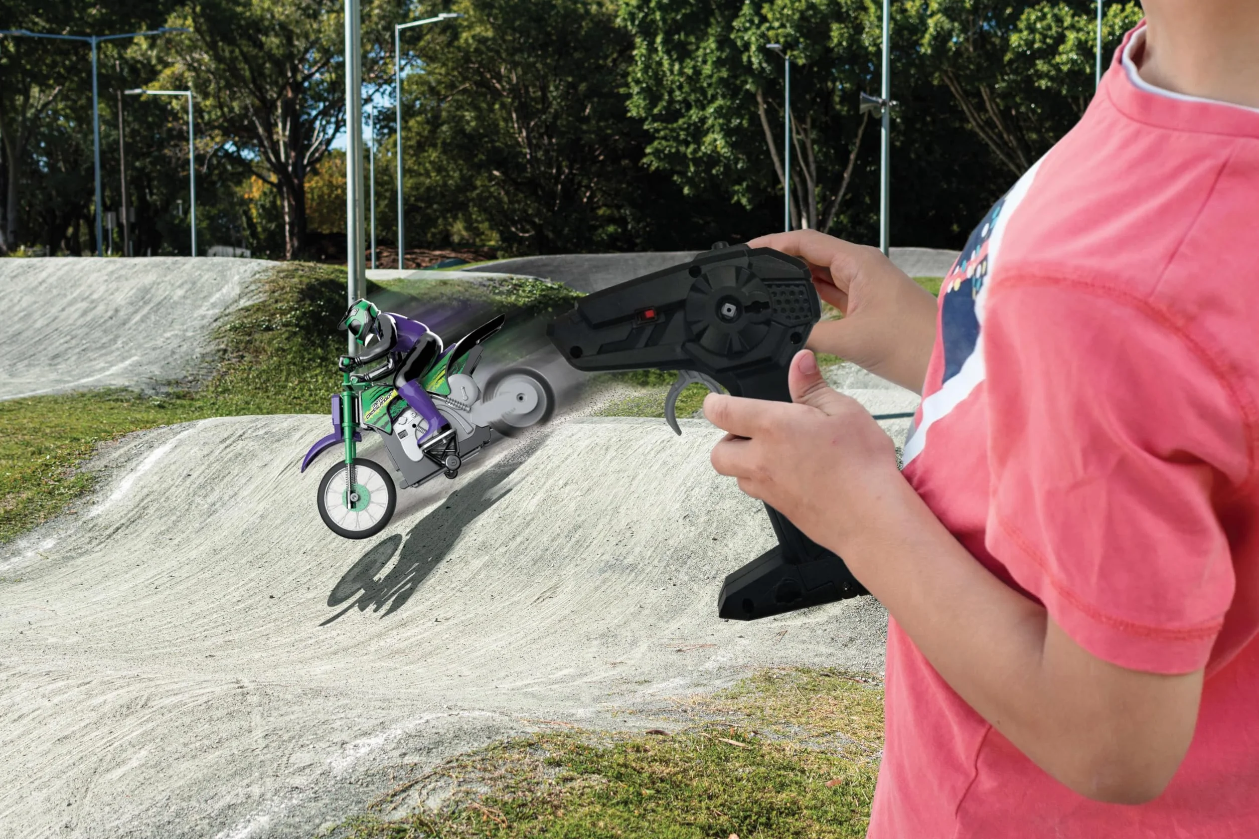 Lexibook, Moto Todoterreno radiocontrolada Crosslander®, hasta 12km/h, Equilibrio, Efectos de luz, derrapes Locos, aceleración rápida, Mando a Distancia ergonómico, Recargable, RC18LXB