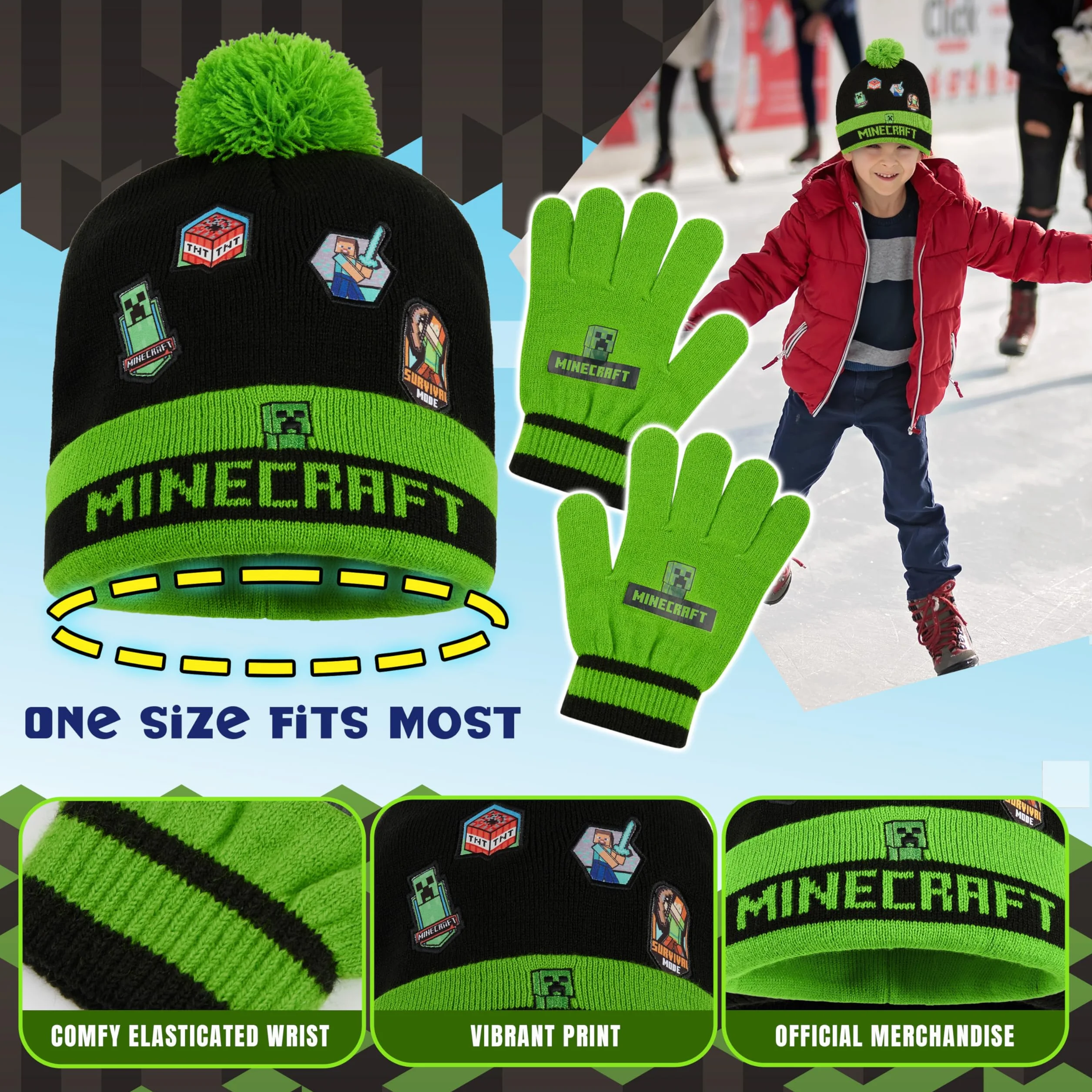Minecraft Gorro Invierno Set 2-3 Piezas Gorro Pompón Guantes Bufanda Accesorios Regalos Niños