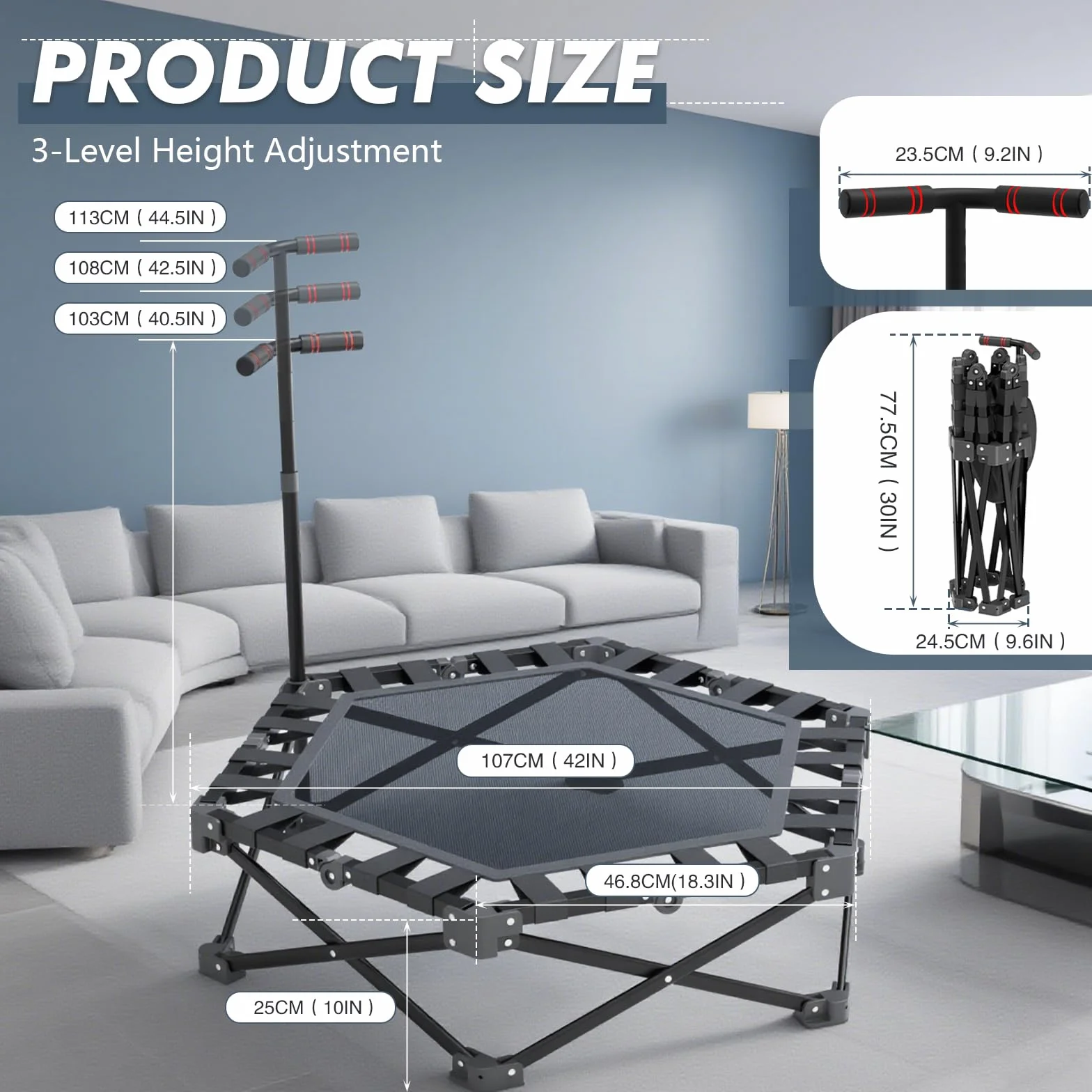Trampolín de fitness 106 cm para interiores adultos, altura ajustable, plegable, mini reboteador