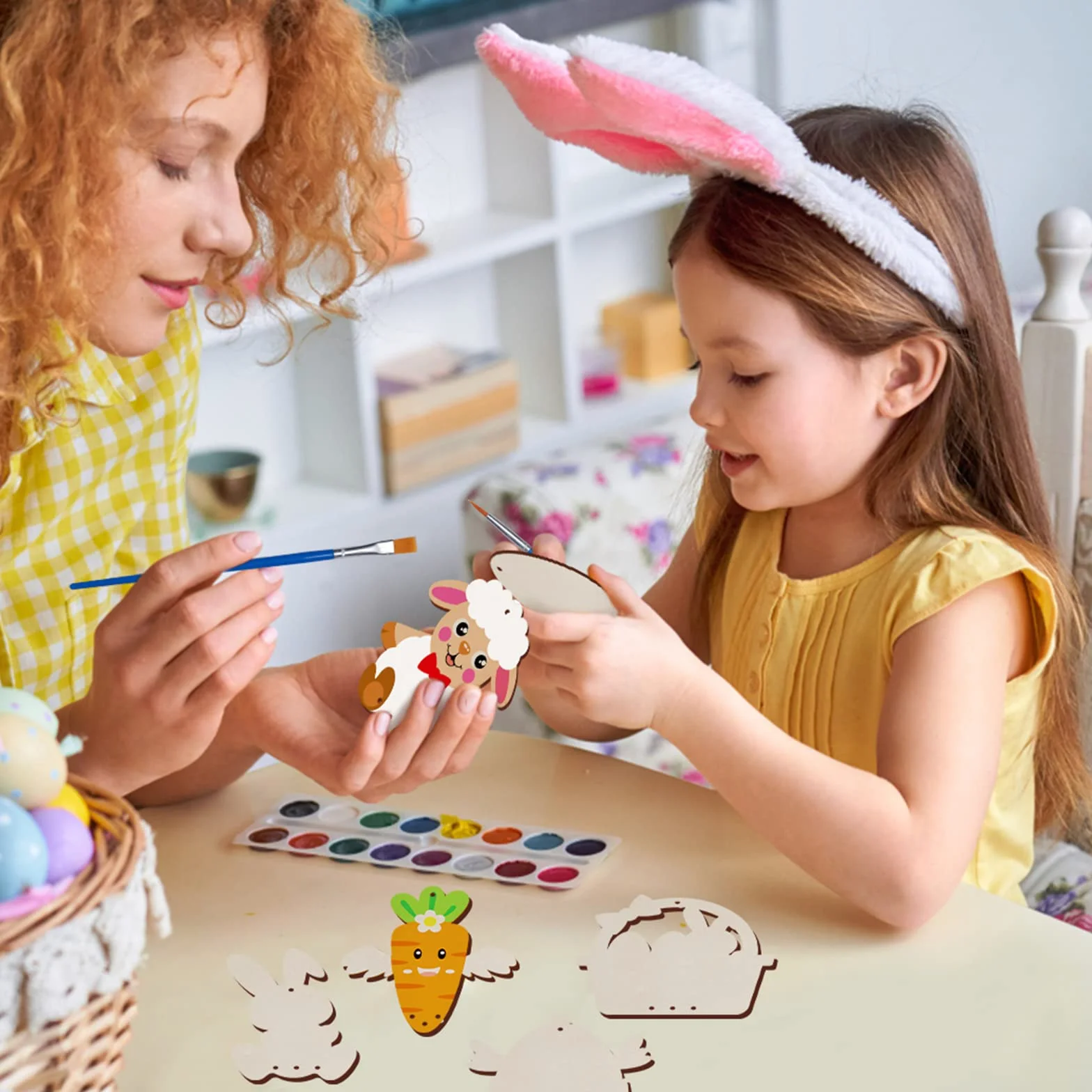 WEDNOK 12 piezas Kit de Pascua para niños, Campanas de viento de Pascua de madera para pintar, Decoraciones de Pascua, para regalos de Pascua