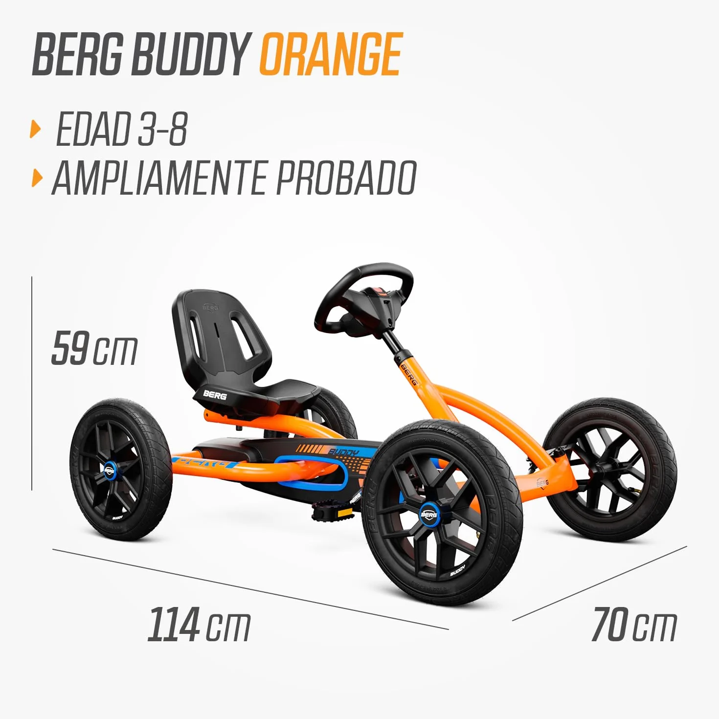BERG Kart a Pedales Buddy B-Orange | 3-8 años, cuadro resistente, asiento regulable, volante regulable