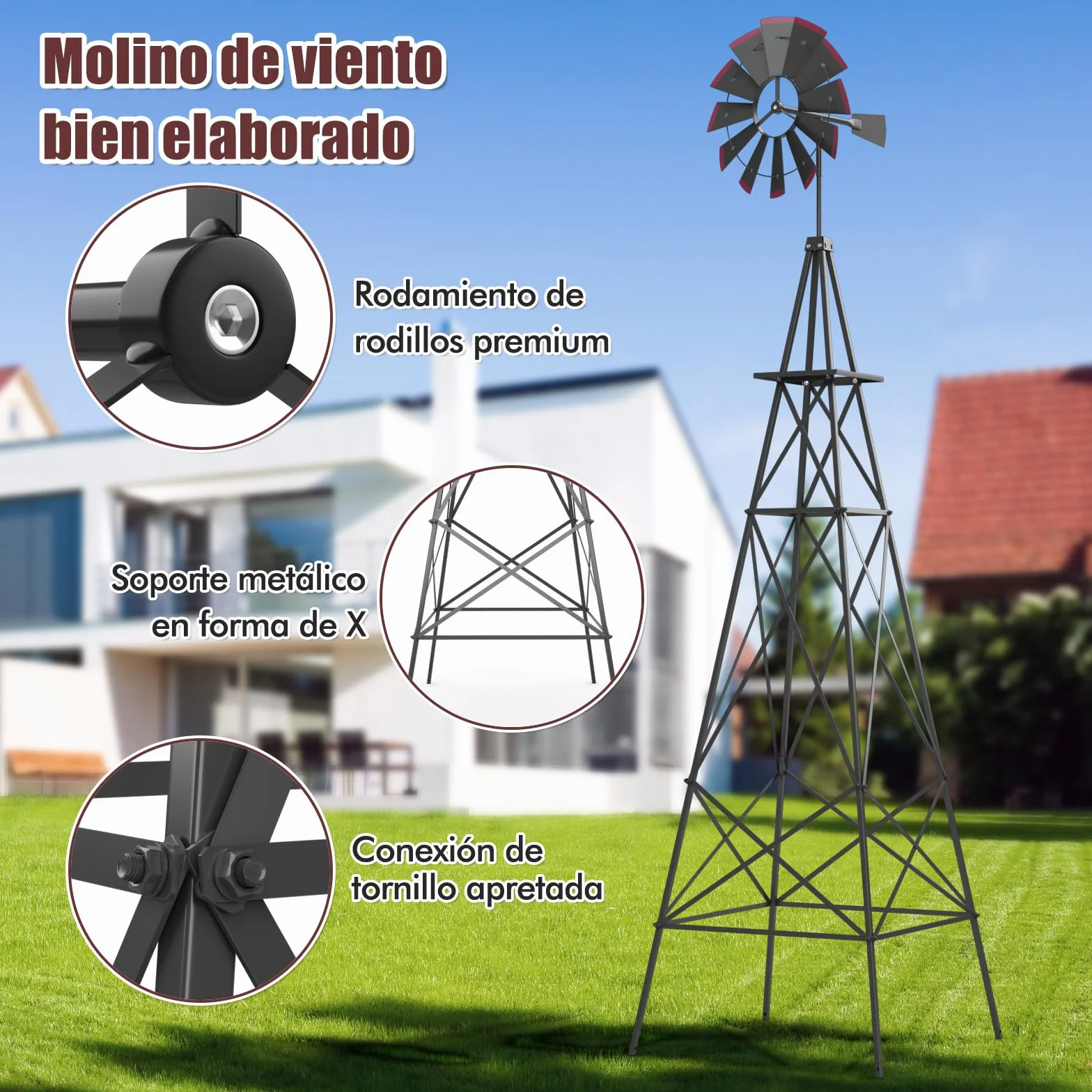 COSTWAY Molino de Viento Jardin de 253cm, Rueda de Viento con Rodamiento de Bolas, Molinillo de Viento de Metal Patio, Jardín, Granja, 4 Estacas Incluidas (Gris)