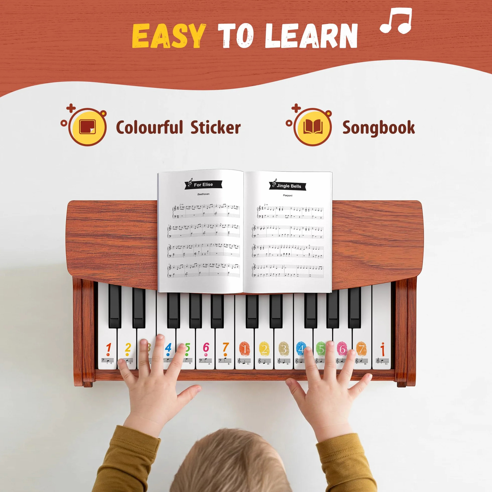 CAHAYA Piano Infantil de 25 Teclas - Piano Eléctrico para Niños de Madera con Partituras de Pianos y Pegatinas Indicadoras de Notas El Regalo Ideal para Jóvenes Músicos