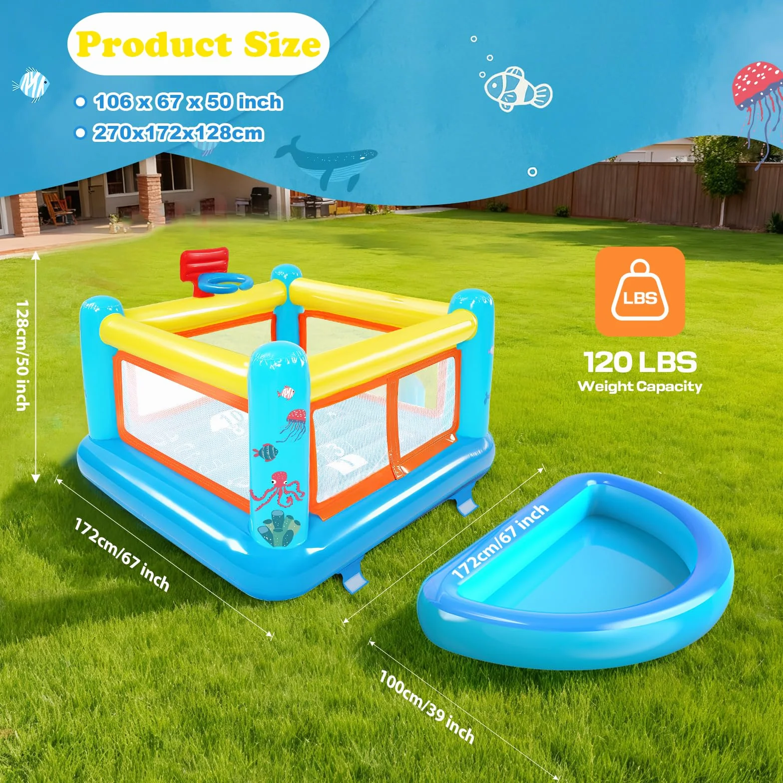 Castillo Hinchable para niños de 3 a 6 años, pequeña casa de Juegos Hinchable de PVC con cojín para Saltar, Piscina de Bolas extraíble, Canasta de Baloncesto y Juego de Saltar, Incluye Bomba de Aire