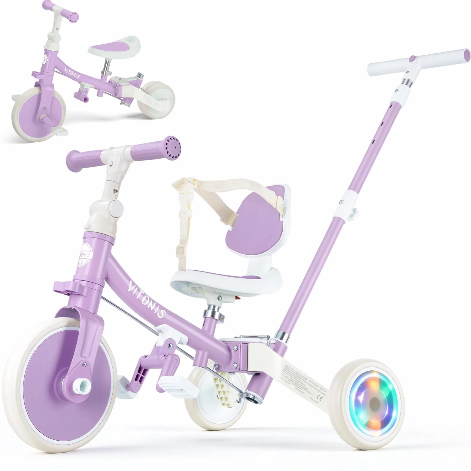 VITONIS Triciclo Infantil 5 en 1 para niños de 18 Meses a 5 años, con Ruedas Luminosas, Barra de Empuje, Respaldo y cinturón de Seguridad, Regalo para niños y niñas, Bicicleta sin Pedales, Morado